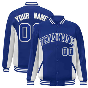 Custom Royal White Varsity Full-Snap Color Block Letterman Baseball Jacket