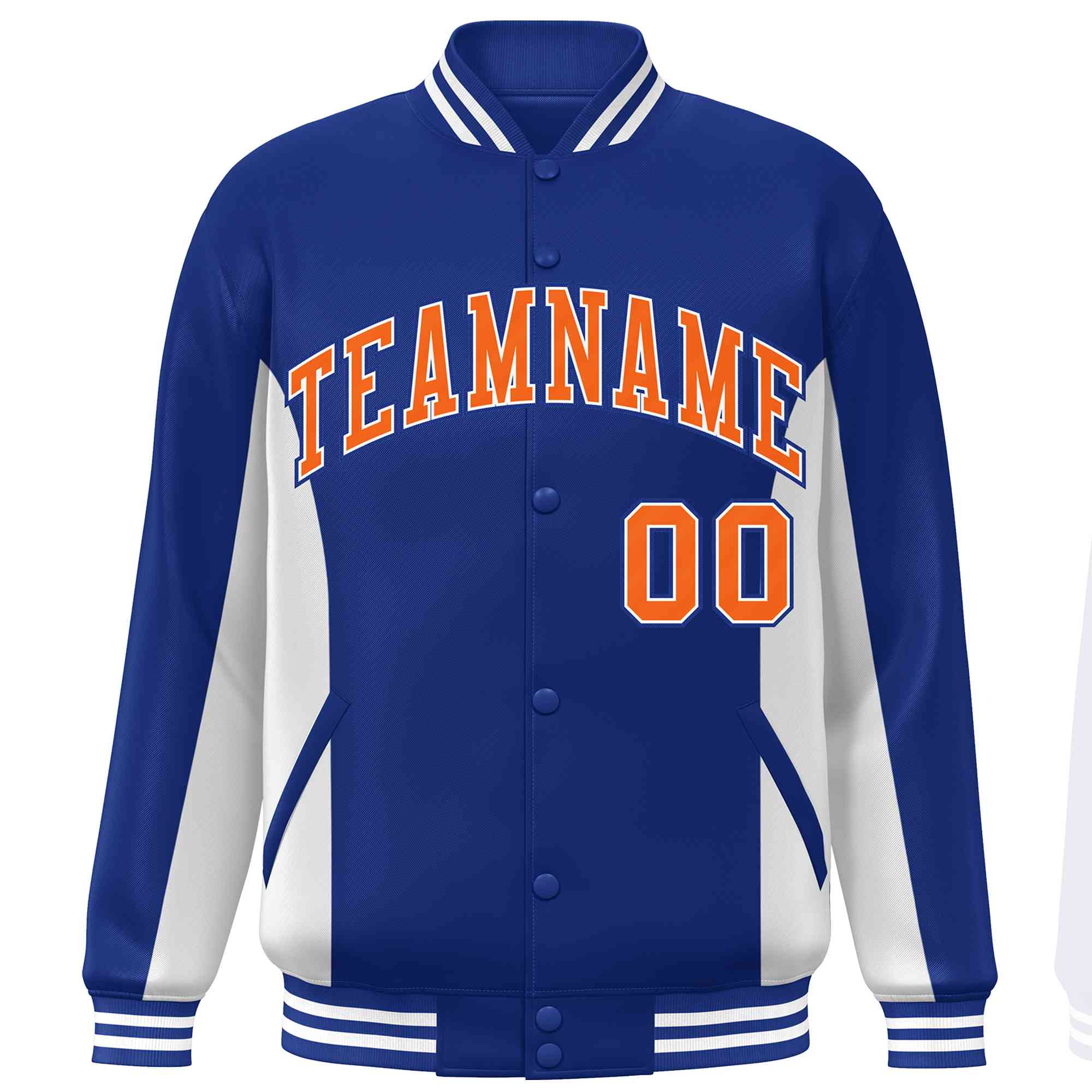 Custom Royal White-Orange Varsity Full-Snap Color Block Letterman Baseball Jacket