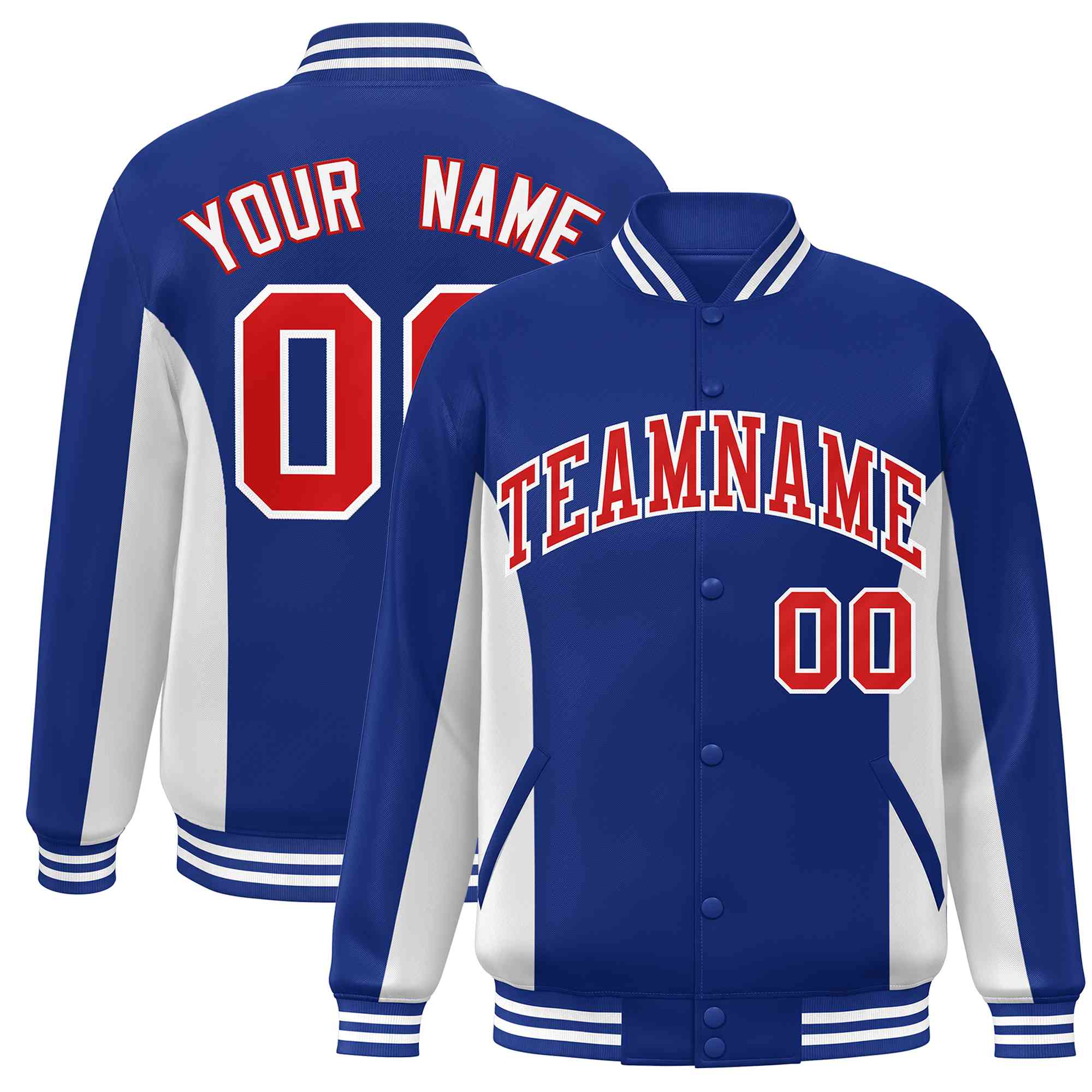 Custom Royal White-Red Varsity Full-Snap Color Block Letterman Baseball Jacket