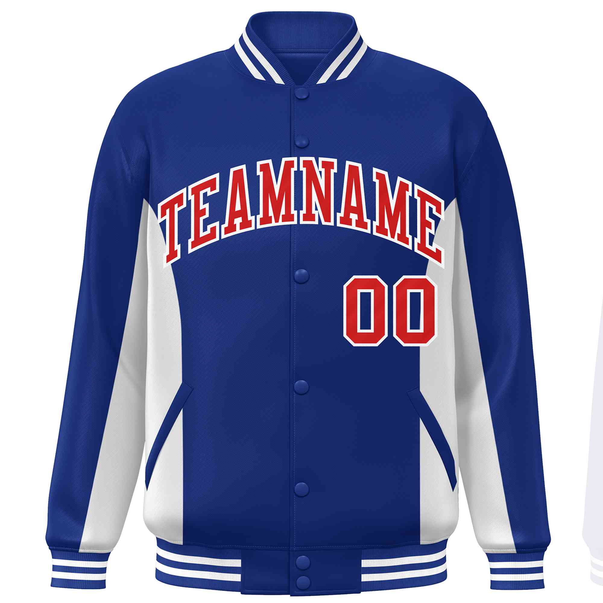 Custom Royal White-Red Varsity Full-Snap Color Block Letterman Baseball Jacket