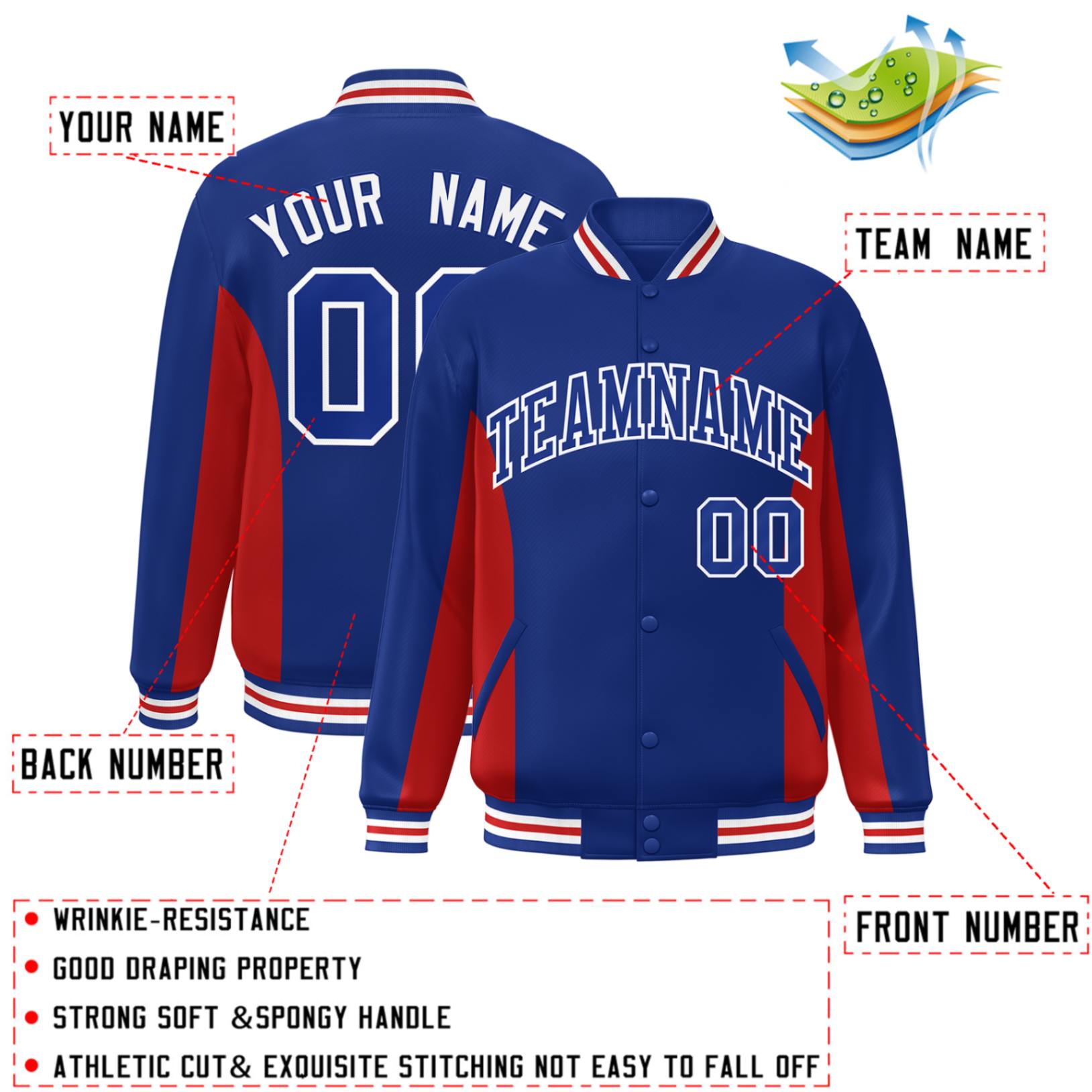 Custom Royal Red Varsity Full-Snap Color Block Letterman Baseball Jacket