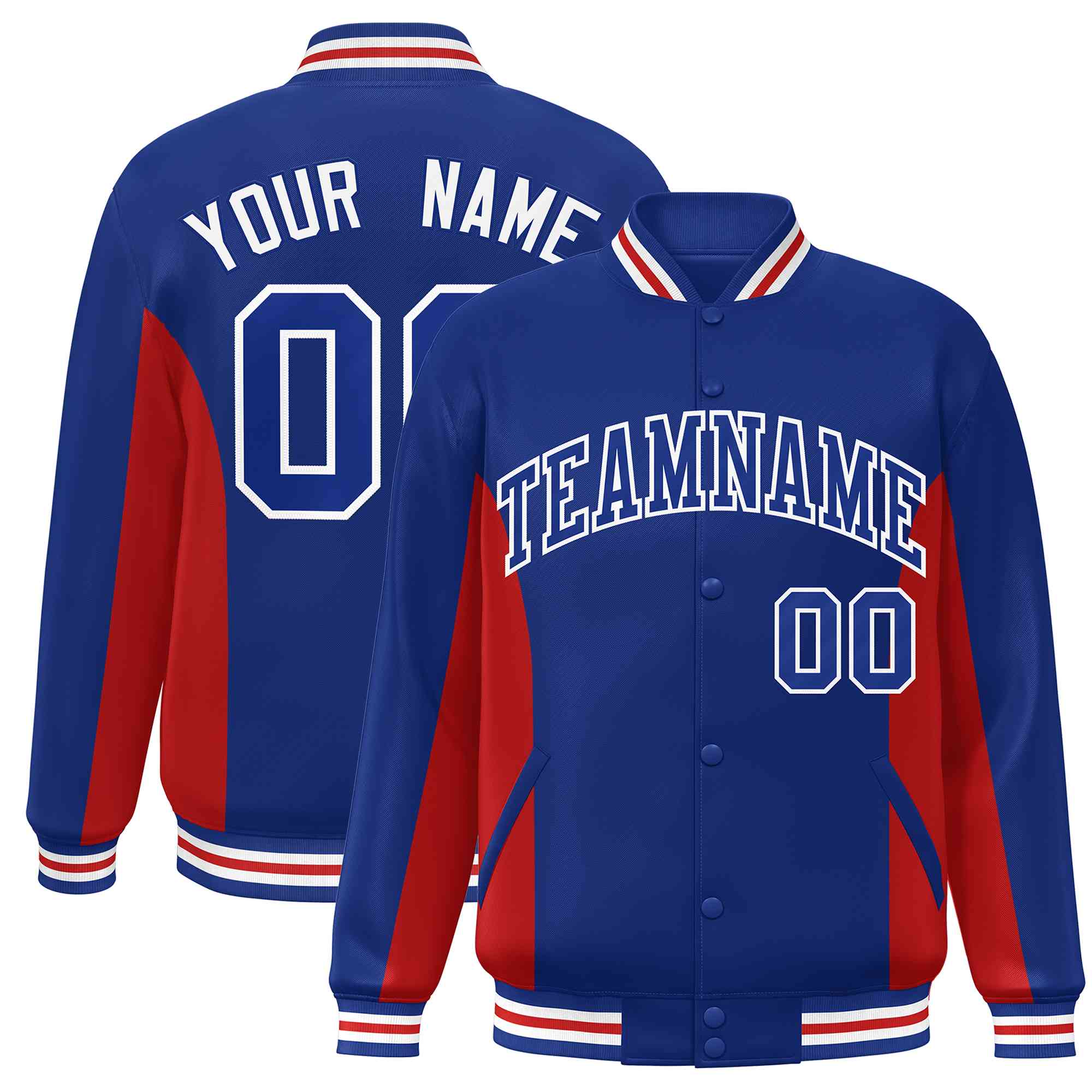 Custom Royal Red Varsity Full-Snap Color Block Letterman Baseball Jacket