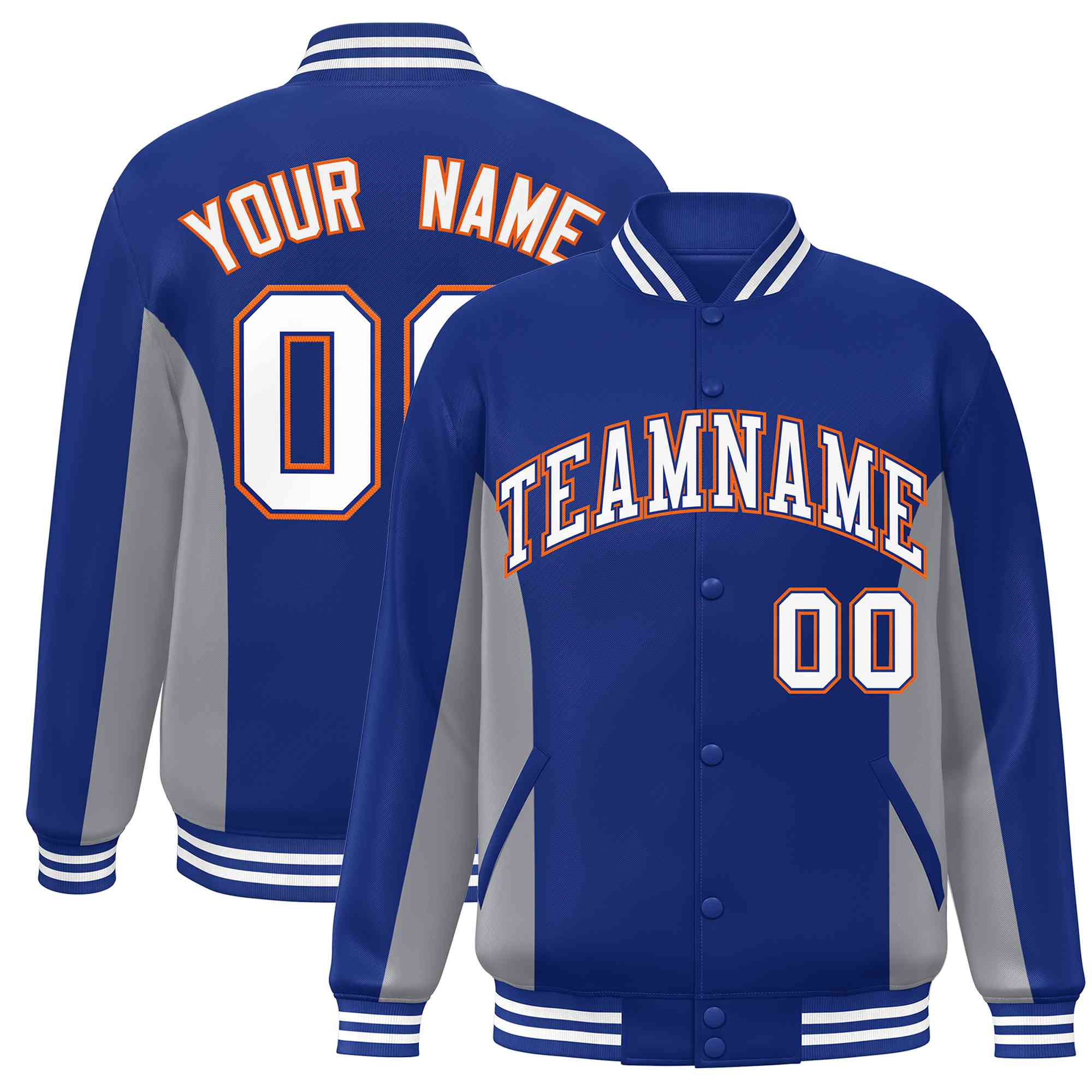 Custom Royal Gray-White Varsity Full-Snap Color Block Letterman Baseball Jacket