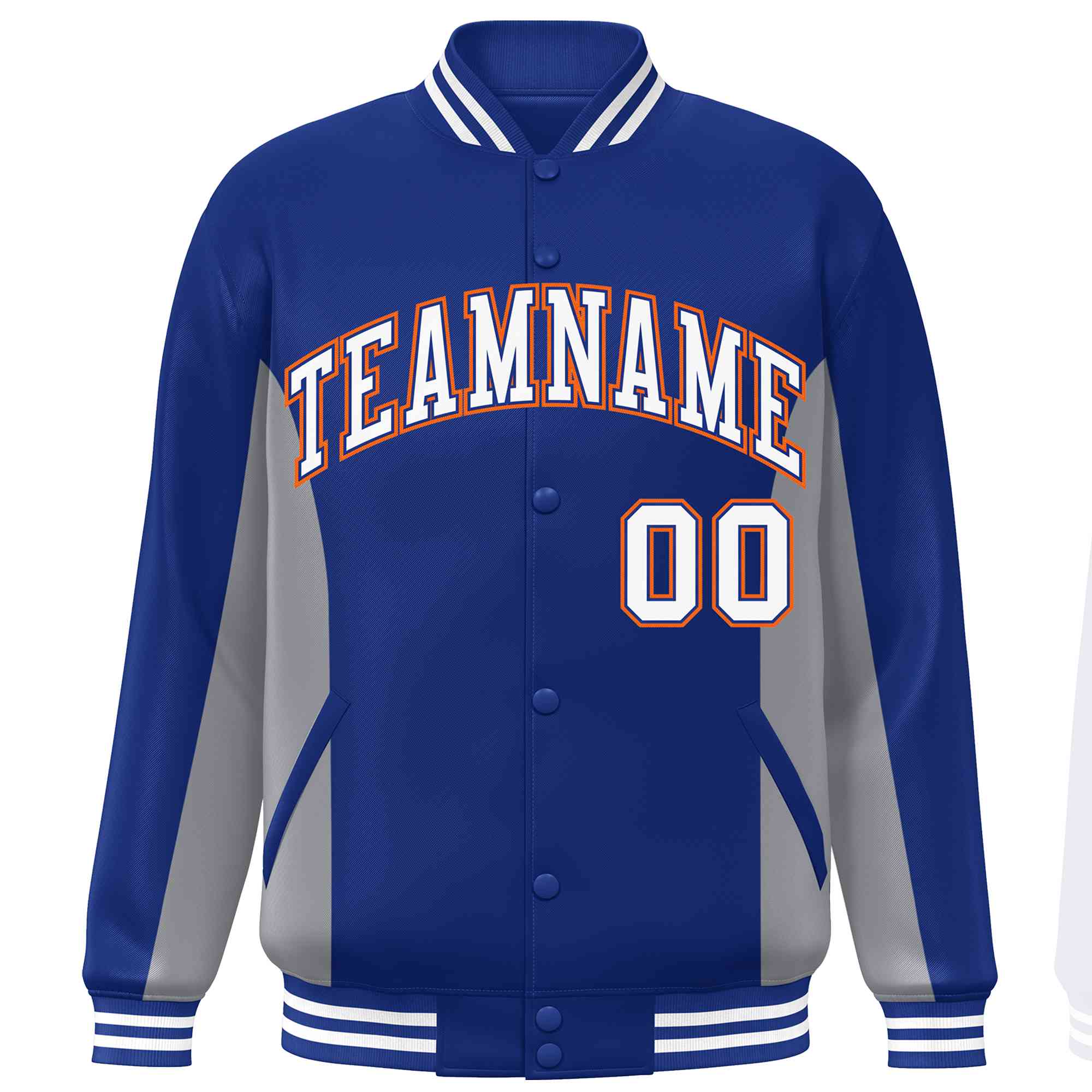 Custom Royal Gray-White Varsity Full-Snap Color Block Letterman Baseball Jacket