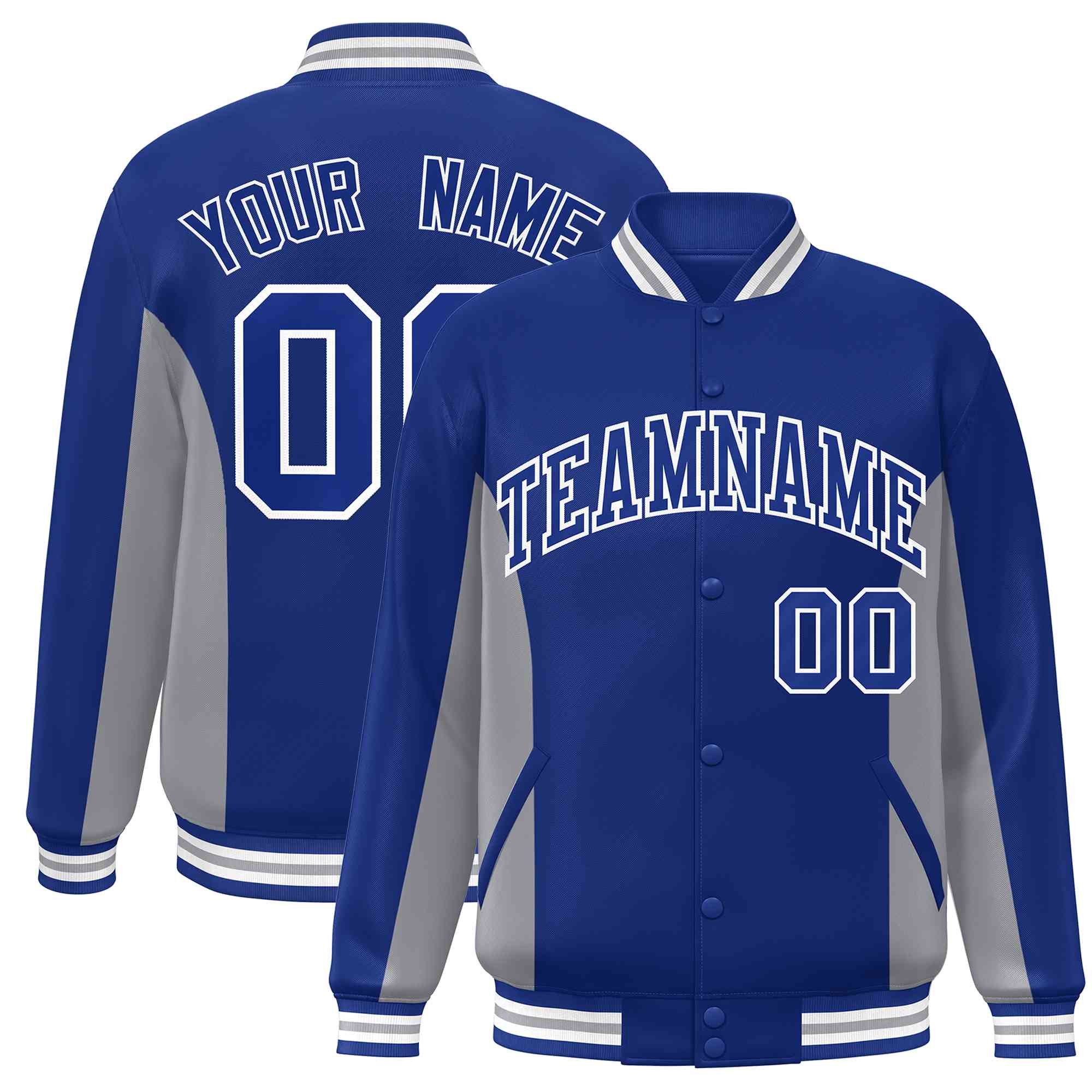 Custom Royal Gray Varsity Full-Snap Color Block Letterman Baseball Jacket