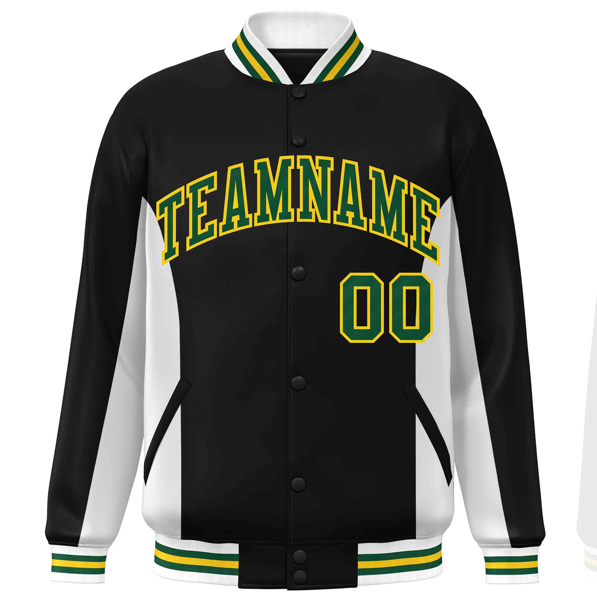 Custom Black White-Green Varsity Full-Snap Color Block Letterman Baseball Jacket