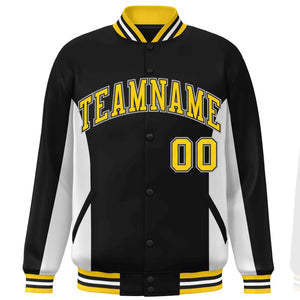 Custom Black White-Gold Varsity Full-Snap Color Block Letterman Baseball Jacket