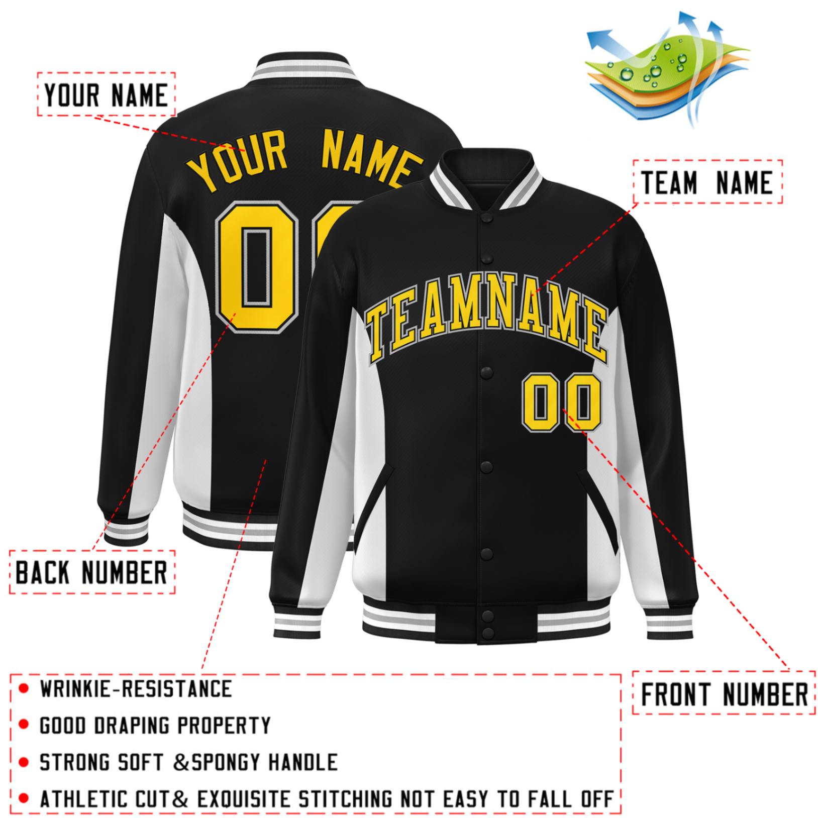 Custom Black White-Gold Varsity Full-Snap Color Block Letterman Baseball Jacket