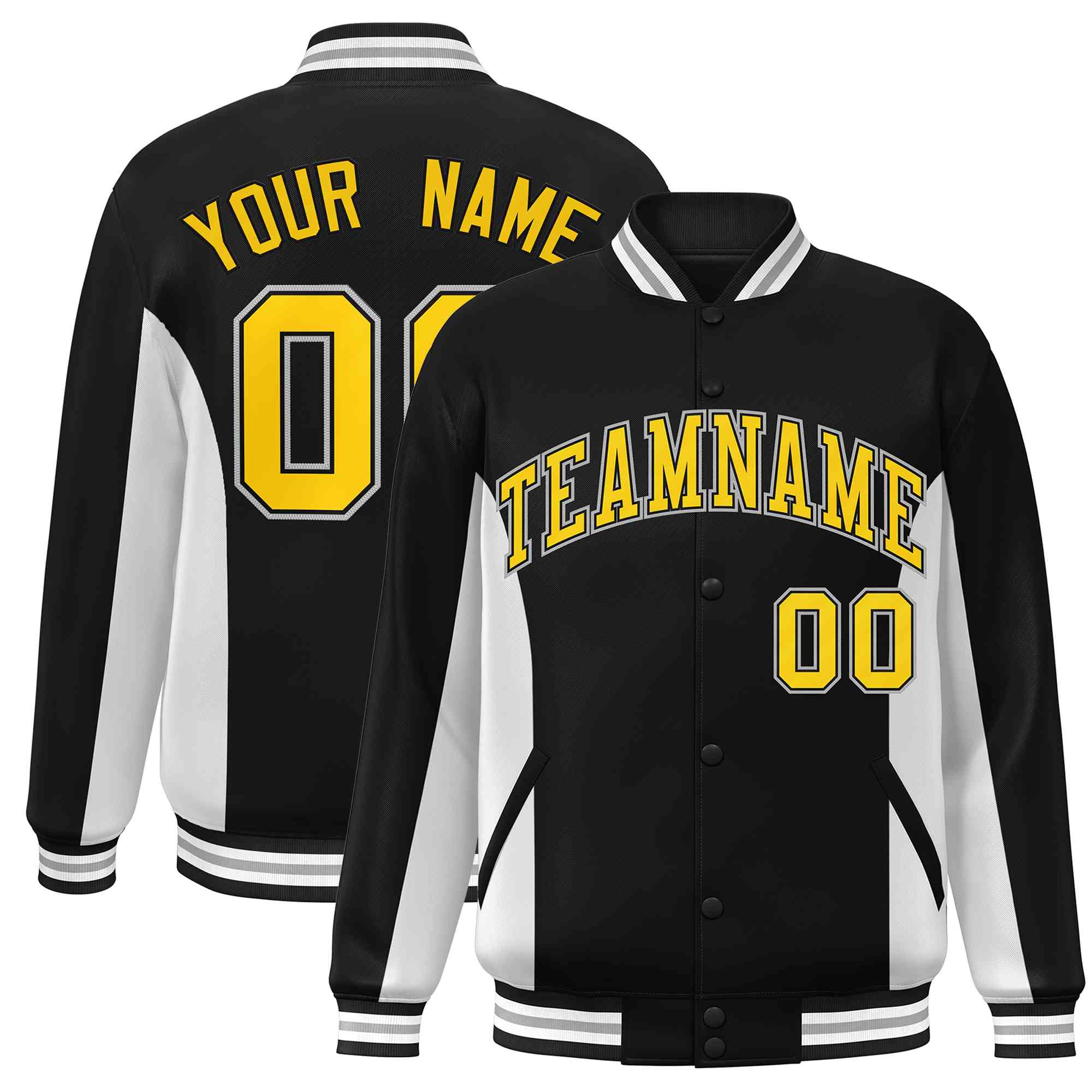 Custom Black White-Gold Varsity Full-Snap Color Block Letterman Baseball Jacket