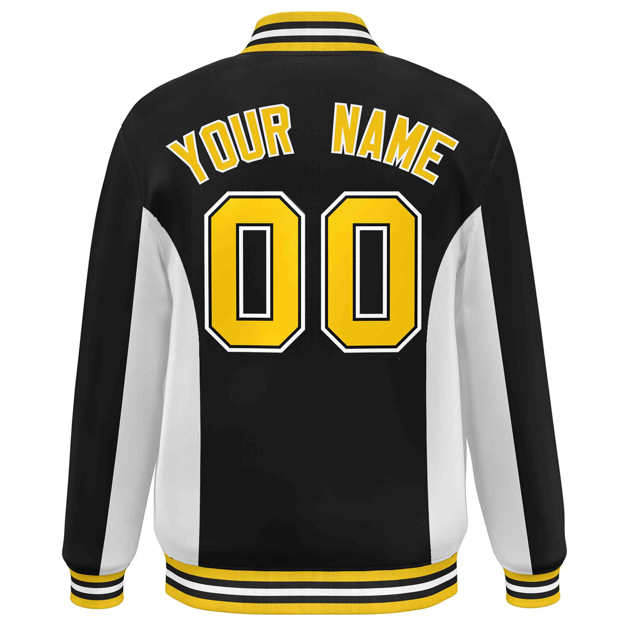 Custom Black White-Gold Varsity Full-Snap Color Block Letterman Baseball Jacket