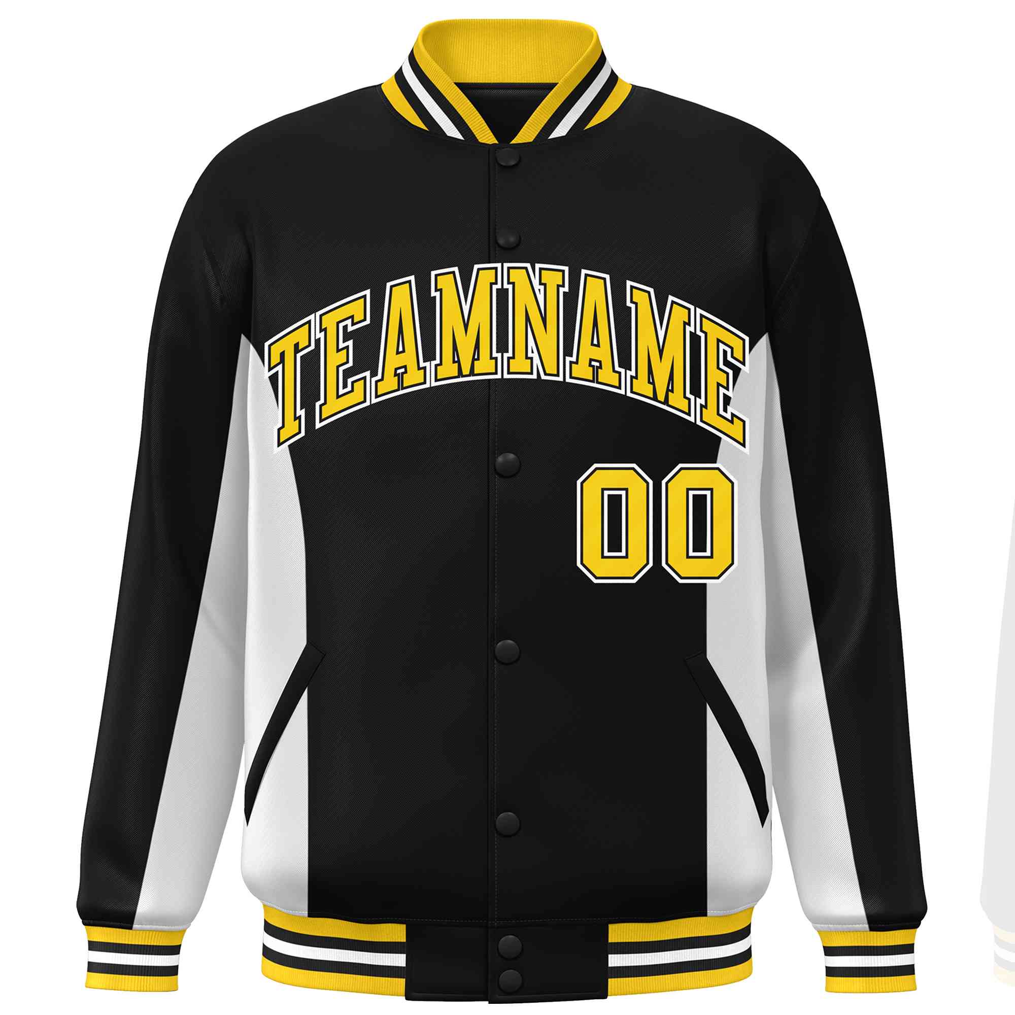 Custom Black White-Gold Varsity Full-Snap Color Block Letterman Baseball Jacket