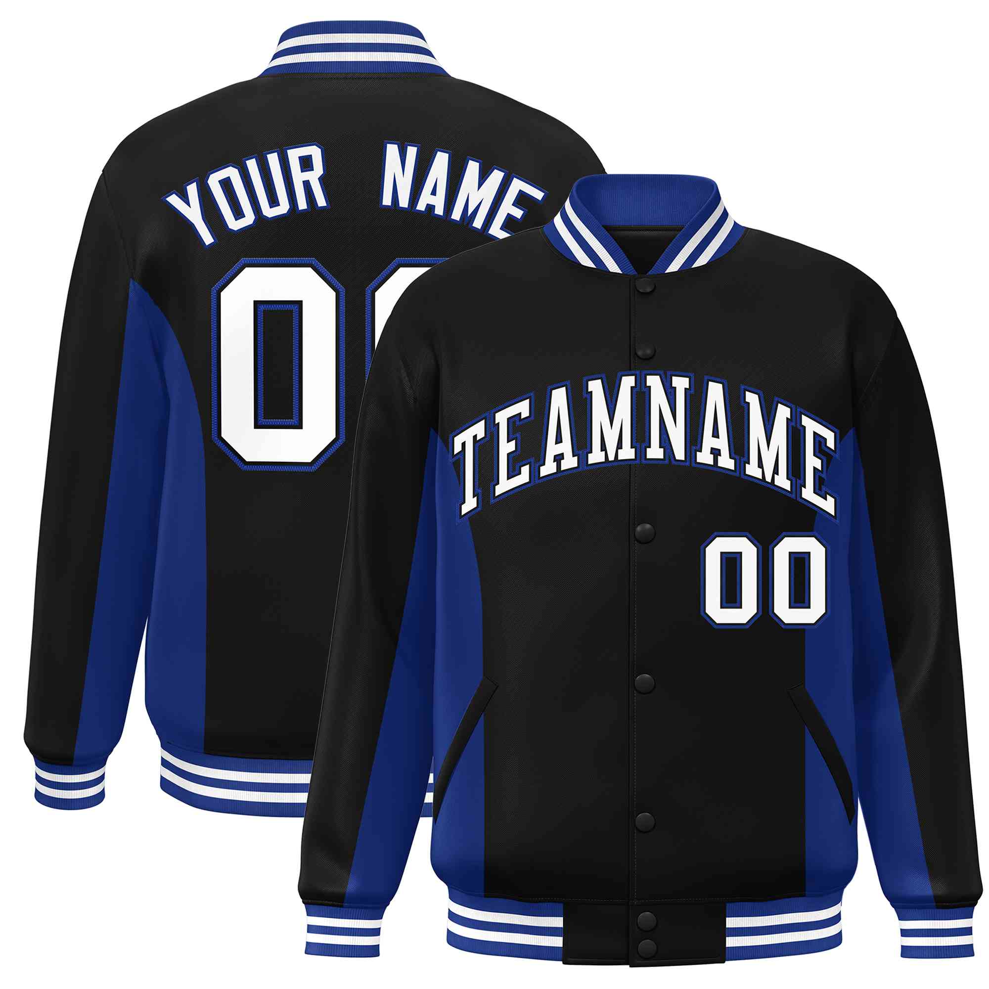 Custom Black Royal-White Varsity Full-Snap Color Block Letterman Baseball Jacket