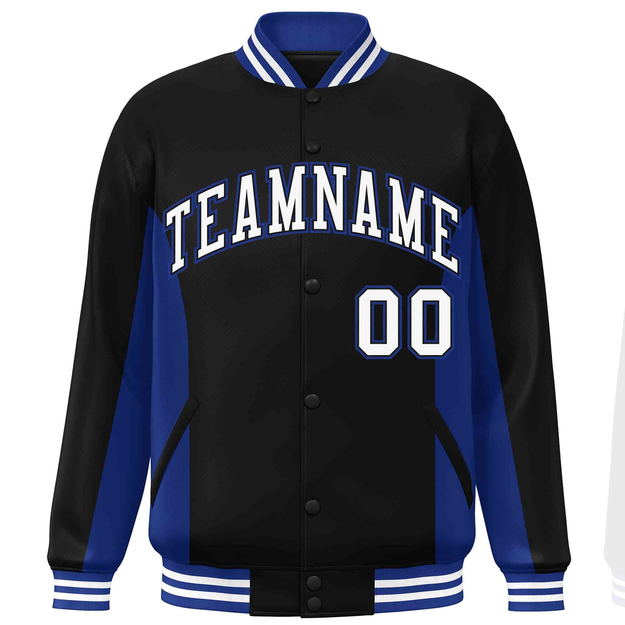 Custom Black Royal-White Varsity Full-Snap Color Block Letterman Baseball Jacket