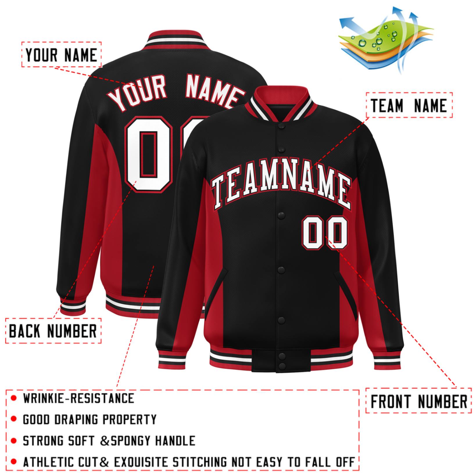 Custom Black Red-White Varsity Full-Snap Color Block Letterman Baseball Jacket