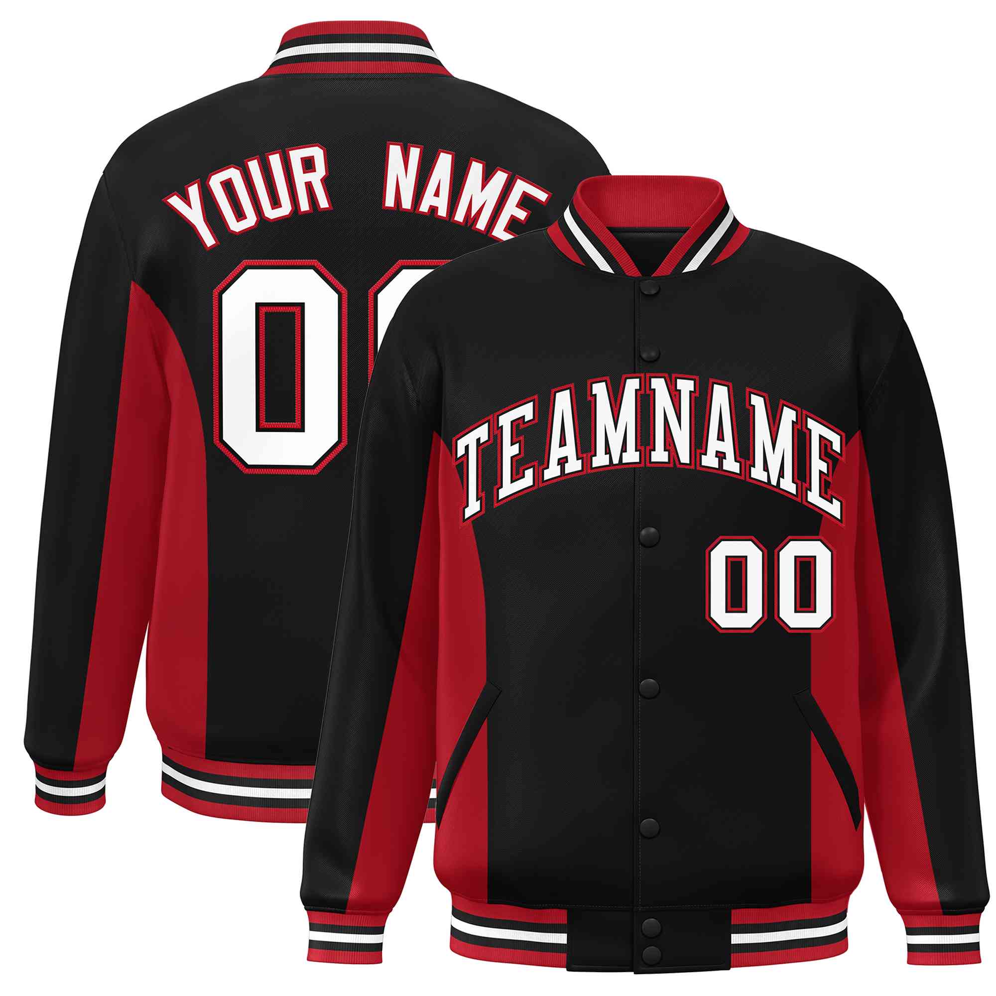 Custom Black Red-White Varsity Full-Snap Color Block Letterman Baseball Jacket