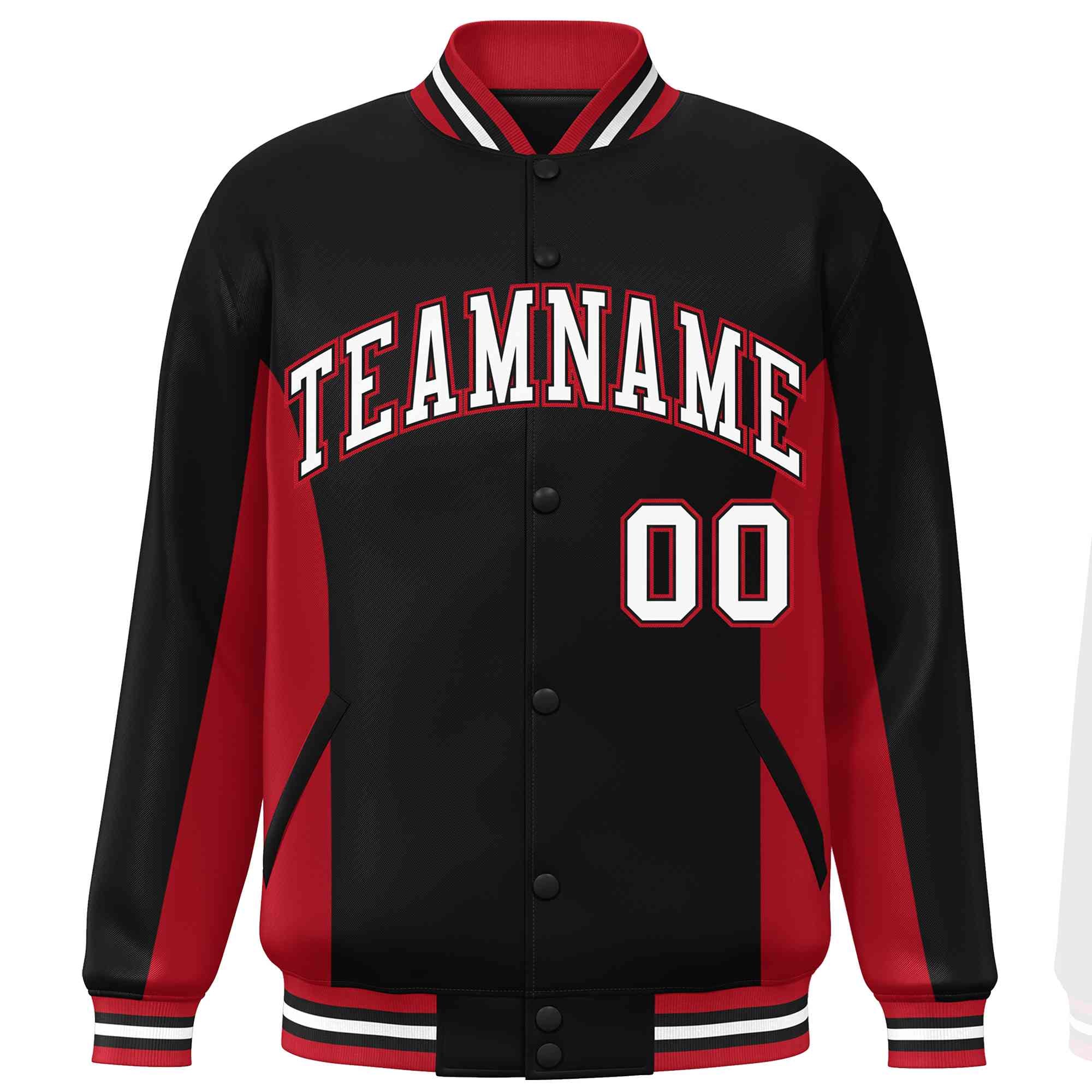 Custom Black Red-White Varsity Full-Snap Color Block Letterman Baseball Jacket