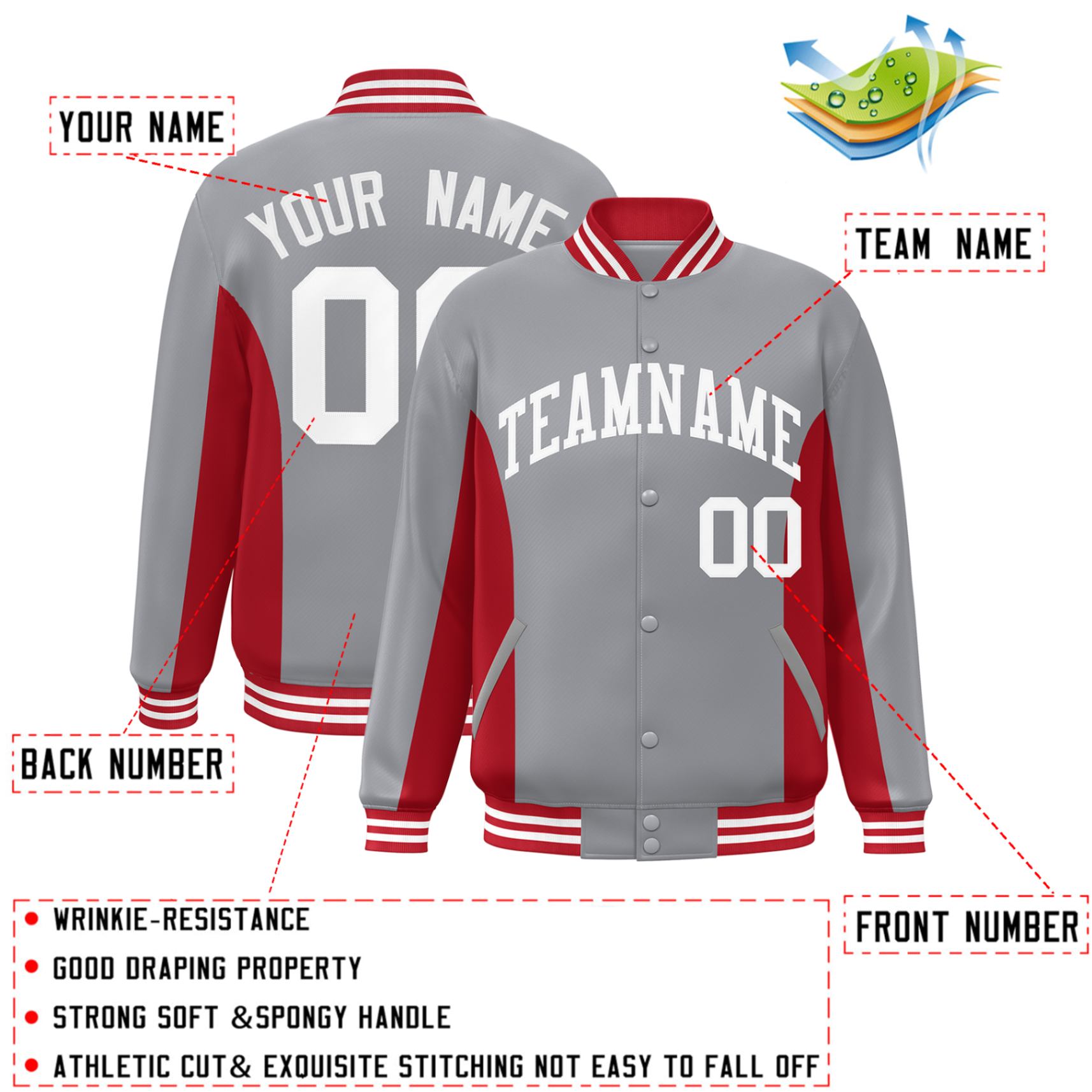 Custom Gray Red-White Varsity Full-Snap Color Block Letterman Baseball Jacket