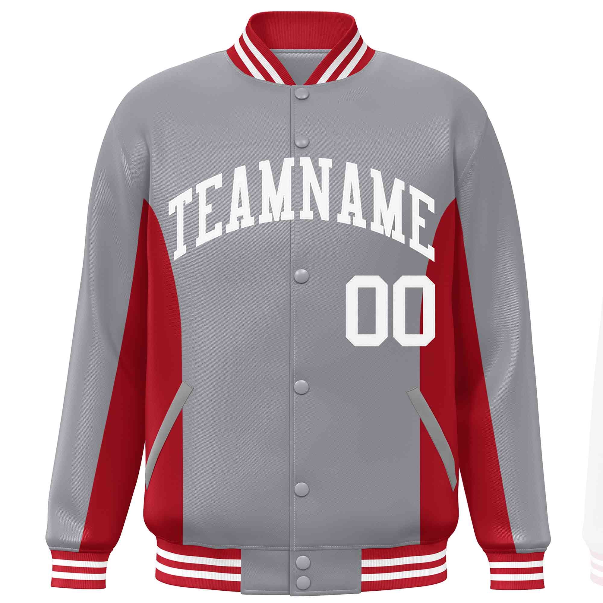 Custom Gray Red-White Varsity Full-Snap Color Block Letterman Baseball Jacket