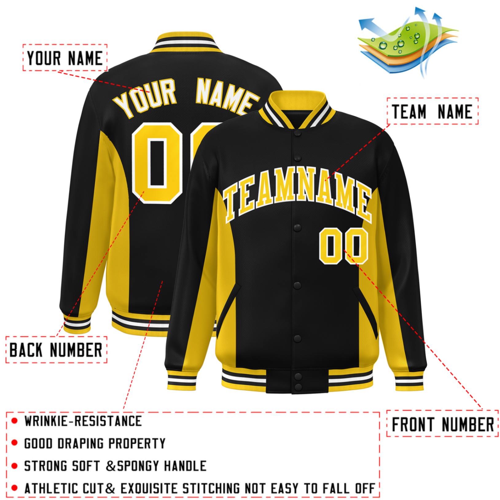 Custom Black Gold Varsity Full-Snap Color Block Letterman Baseball Jacket