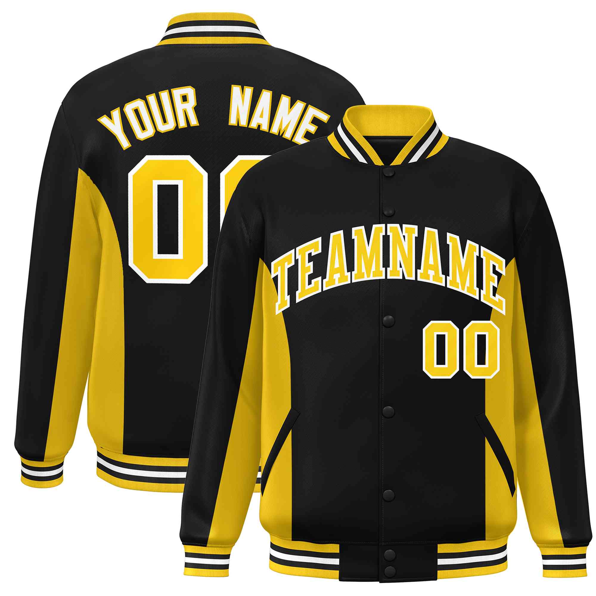 Custom Black Gold Varsity Full-Snap Color Block Letterman Baseball Jacket