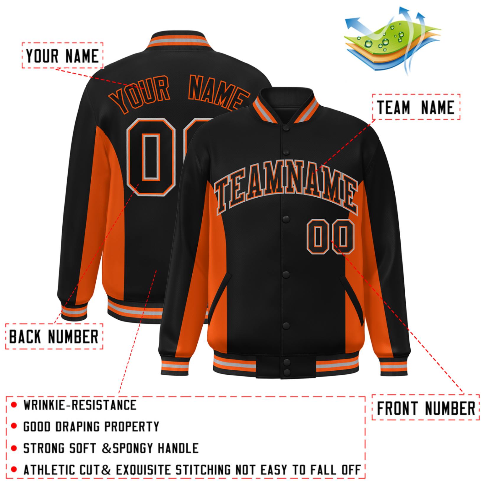 Custom Black Orange Varsity Full-Snap Color Block Letterman Baseball Jacket