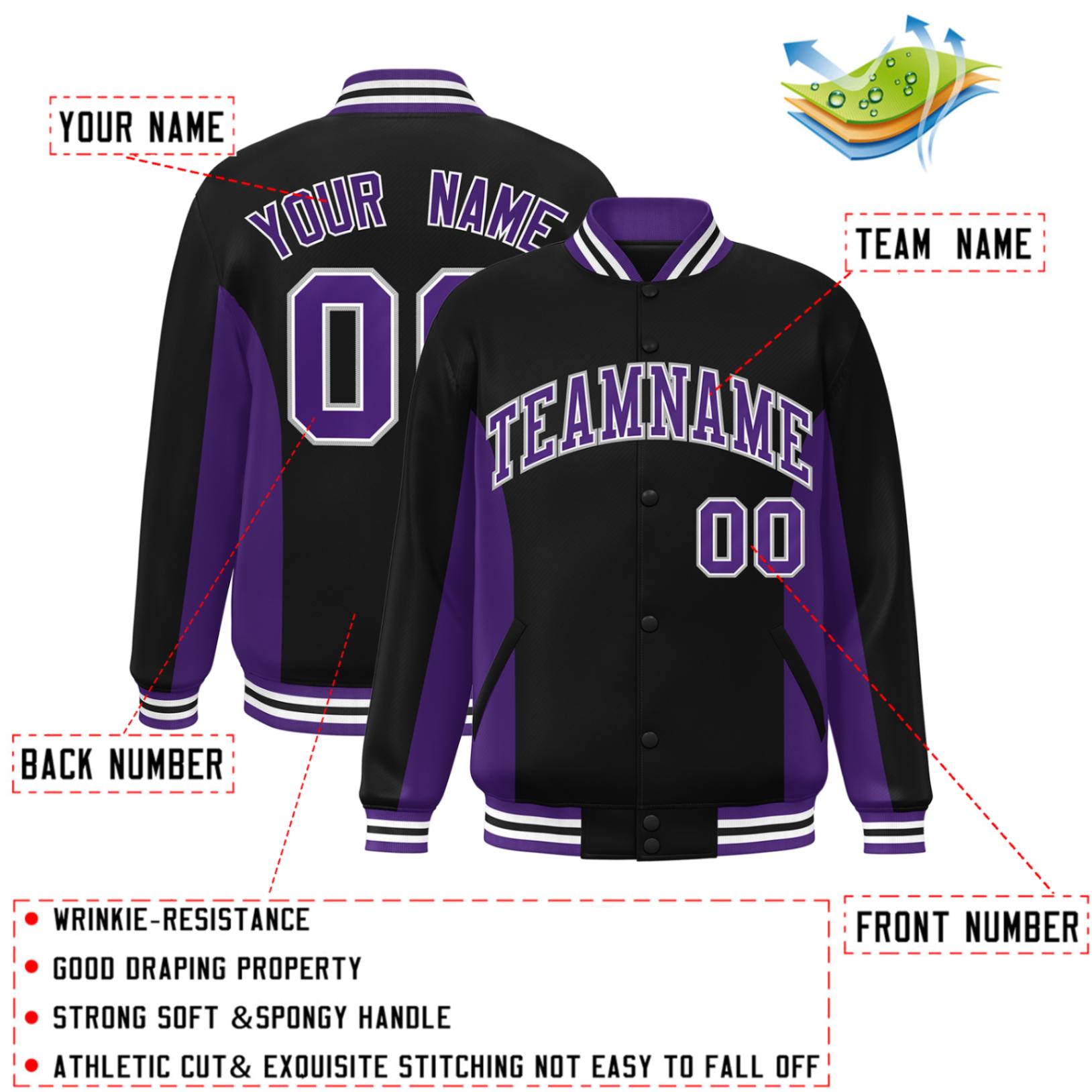 Custom Black Purple Varsity Full-Snap Color Block Letterman Baseball Jacket