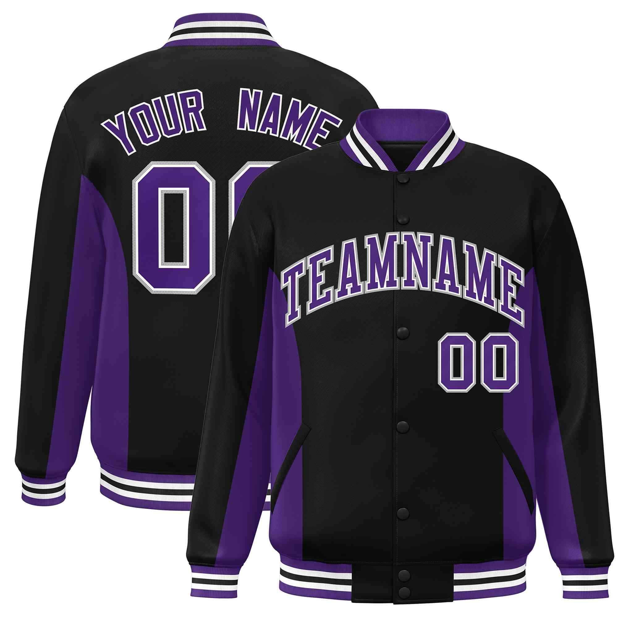 Custom Black Purple Varsity Full-Snap Color Block Letterman Baseball Jacket