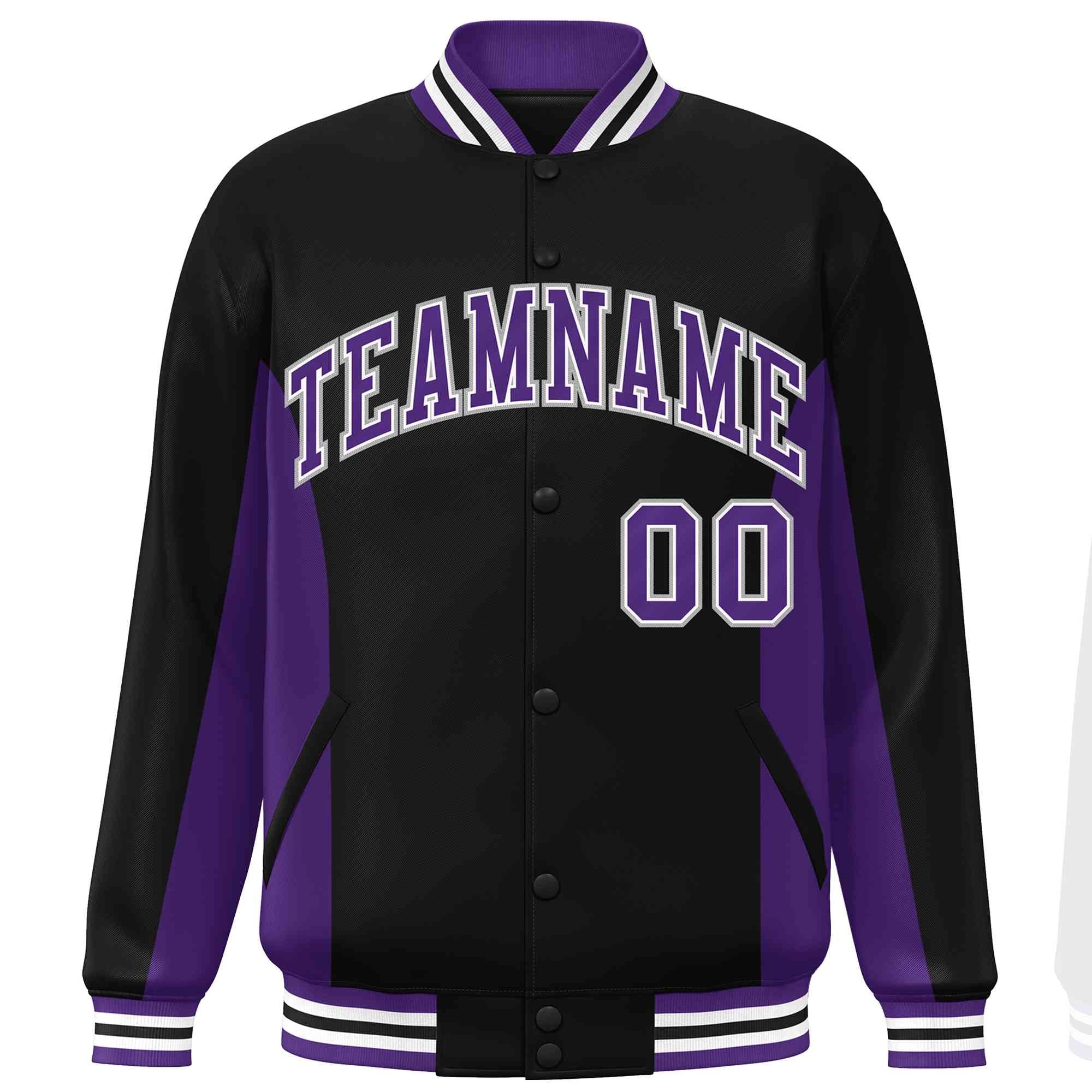 Custom Black Purple Varsity Full-Snap Color Block Letterman Baseball Jacket