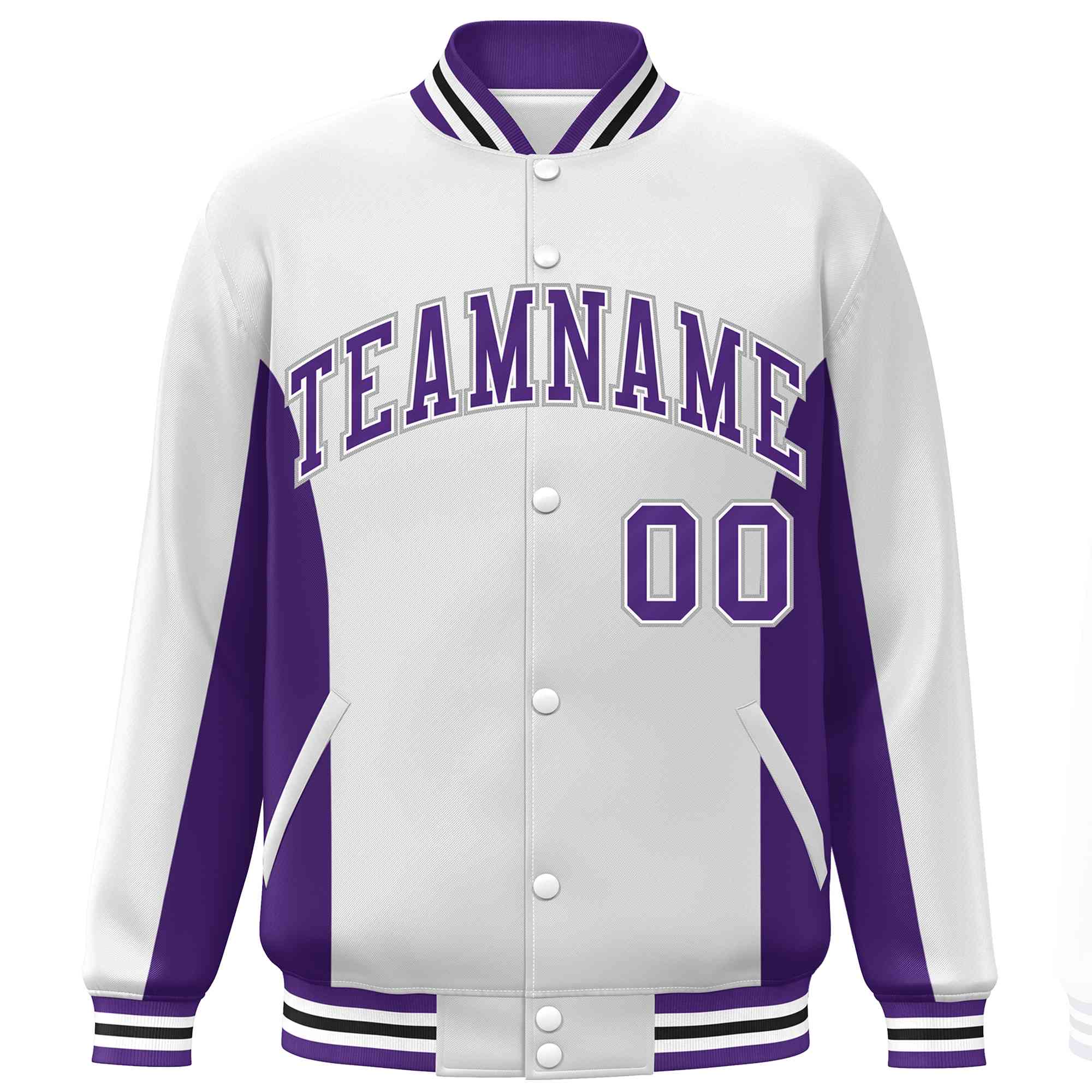 Custom White Purple Varsity Full-Snap Color Block Letterman Baseball Jacket