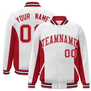 Custom White Red Varsity Full-Snap Color Block Letterman Baseball Jacket