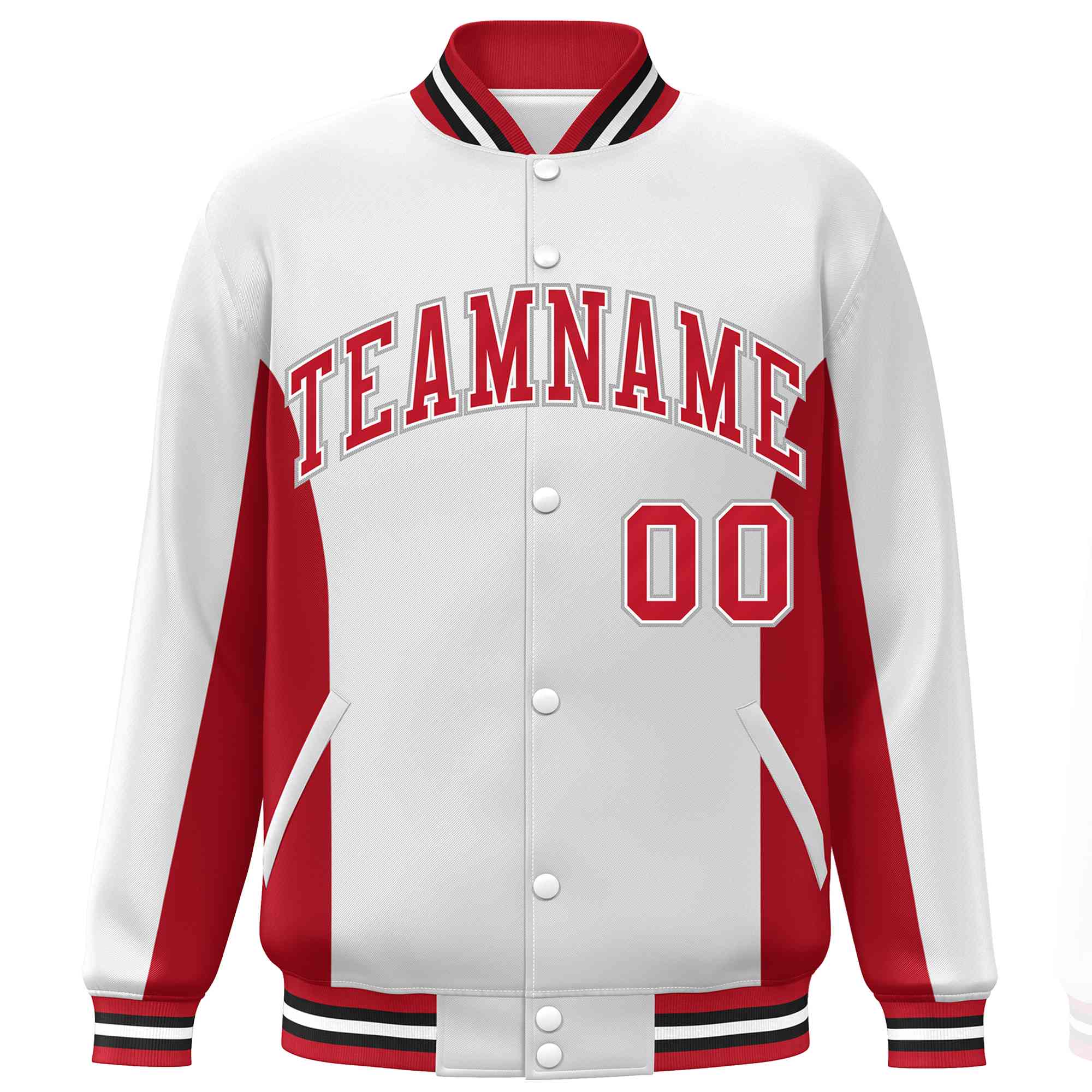 Custom White Red Varsity Full-Snap Color Block Letterman Baseball Jacket