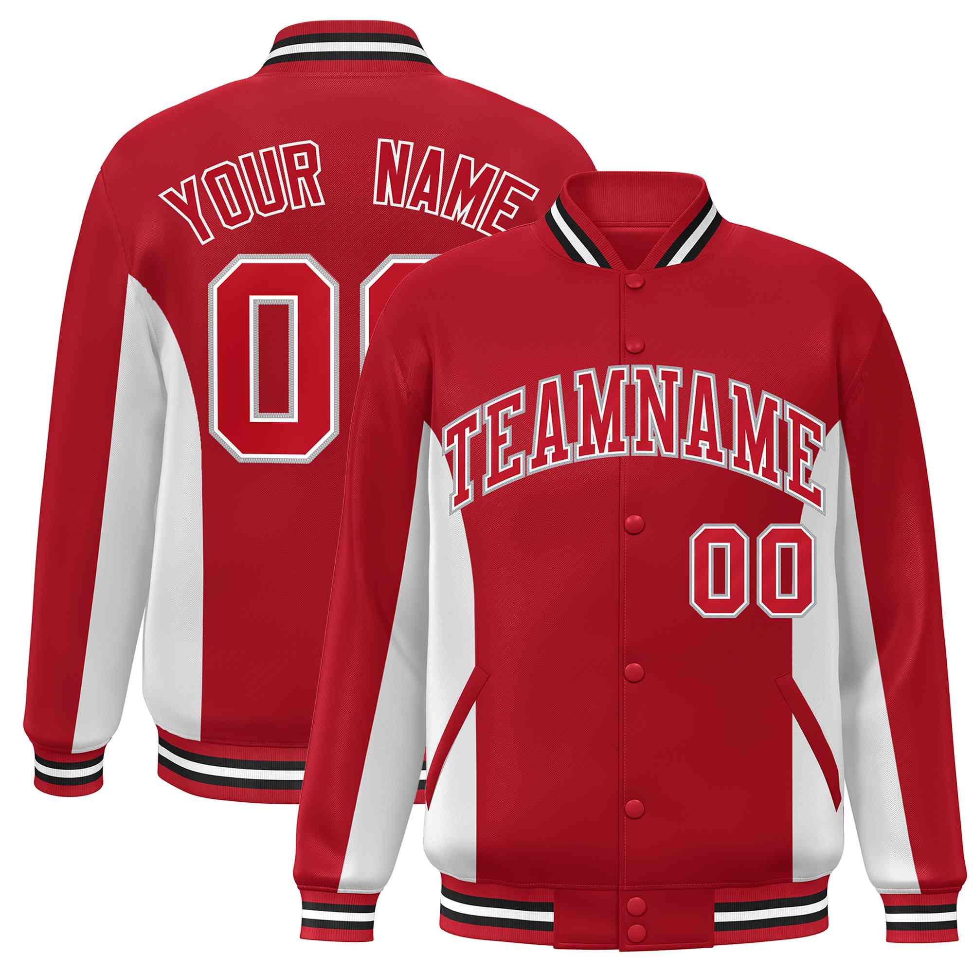 Custom Red White Varsity Full-Snap Color Block Letterman Baseball Jacket