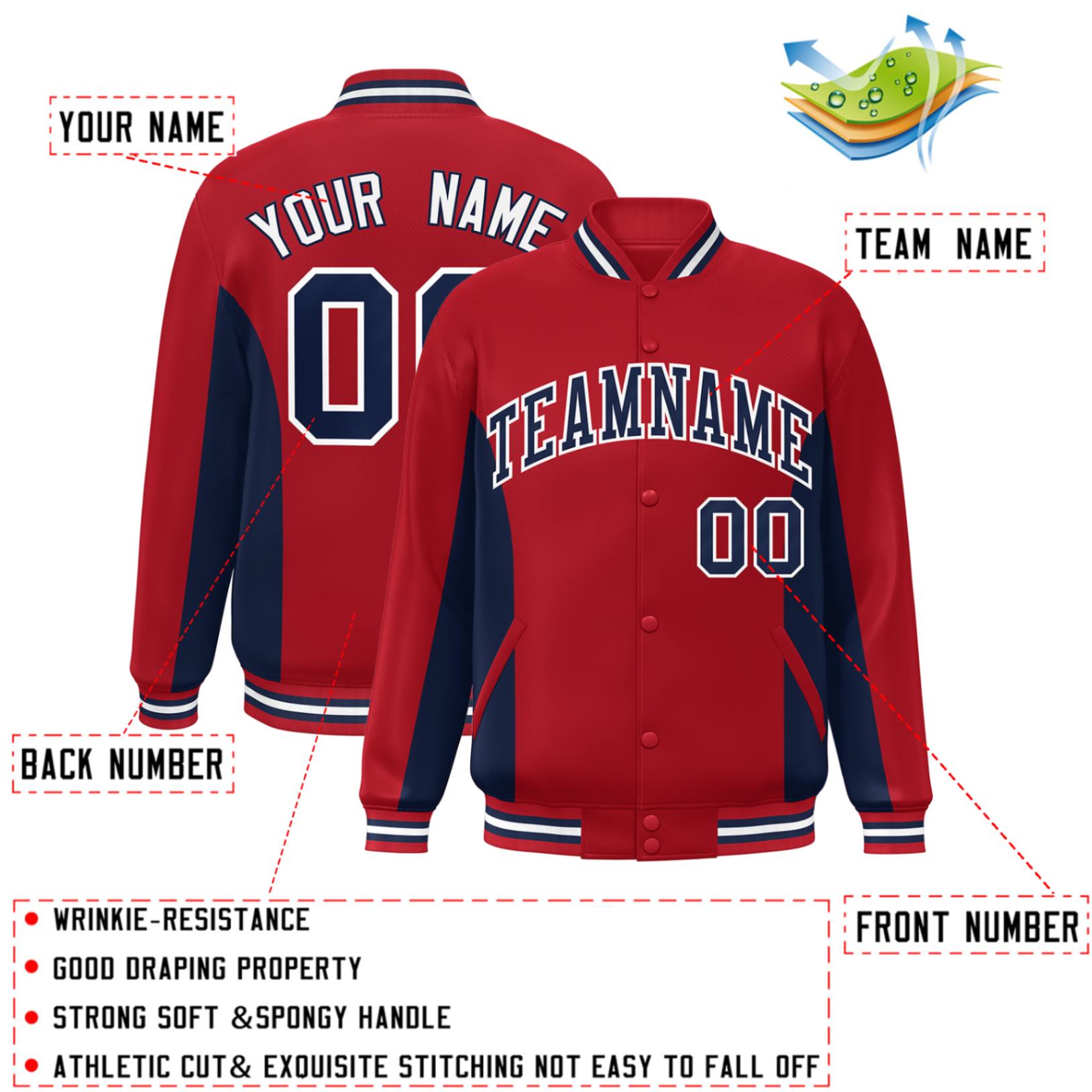 Custom Red Navy Varsity Full-Snap Color Block Letterman Baseball Jacket