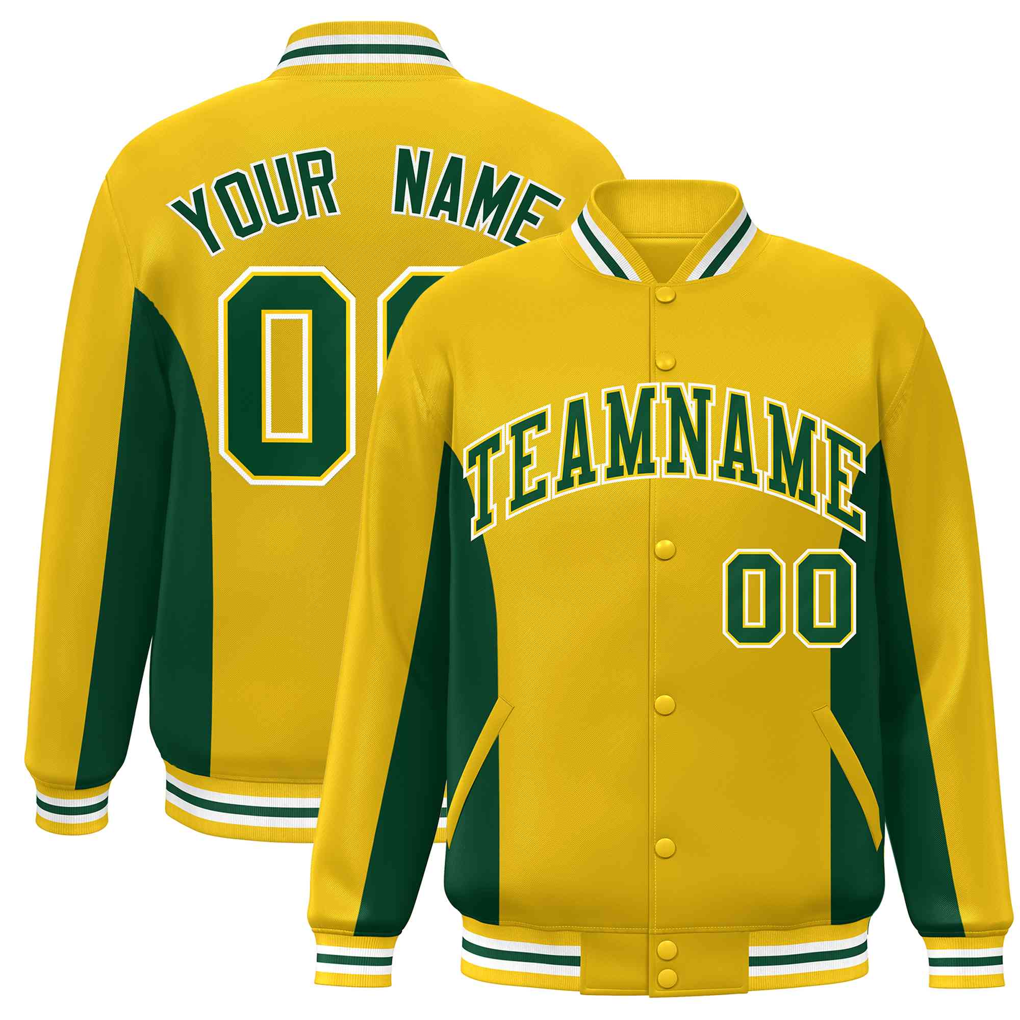 Custom Gold Green Varsity Full-Snap Color Block Letterman Baseball Jacket