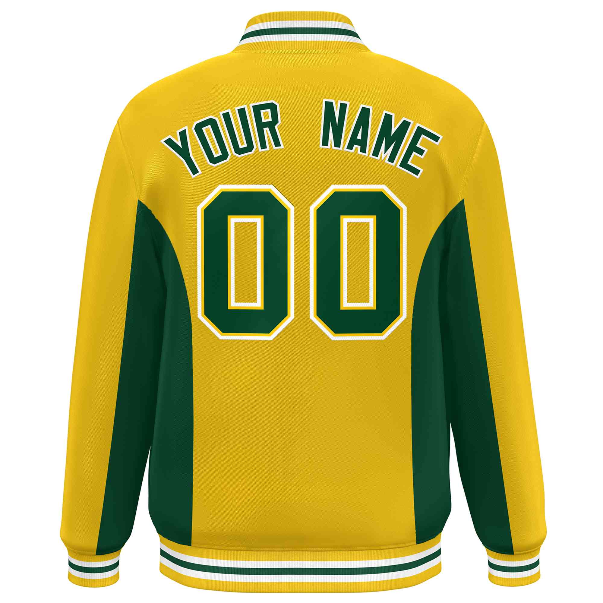 Custom Gold Green Varsity Full-Snap Color Block Letterman Baseball Jacket