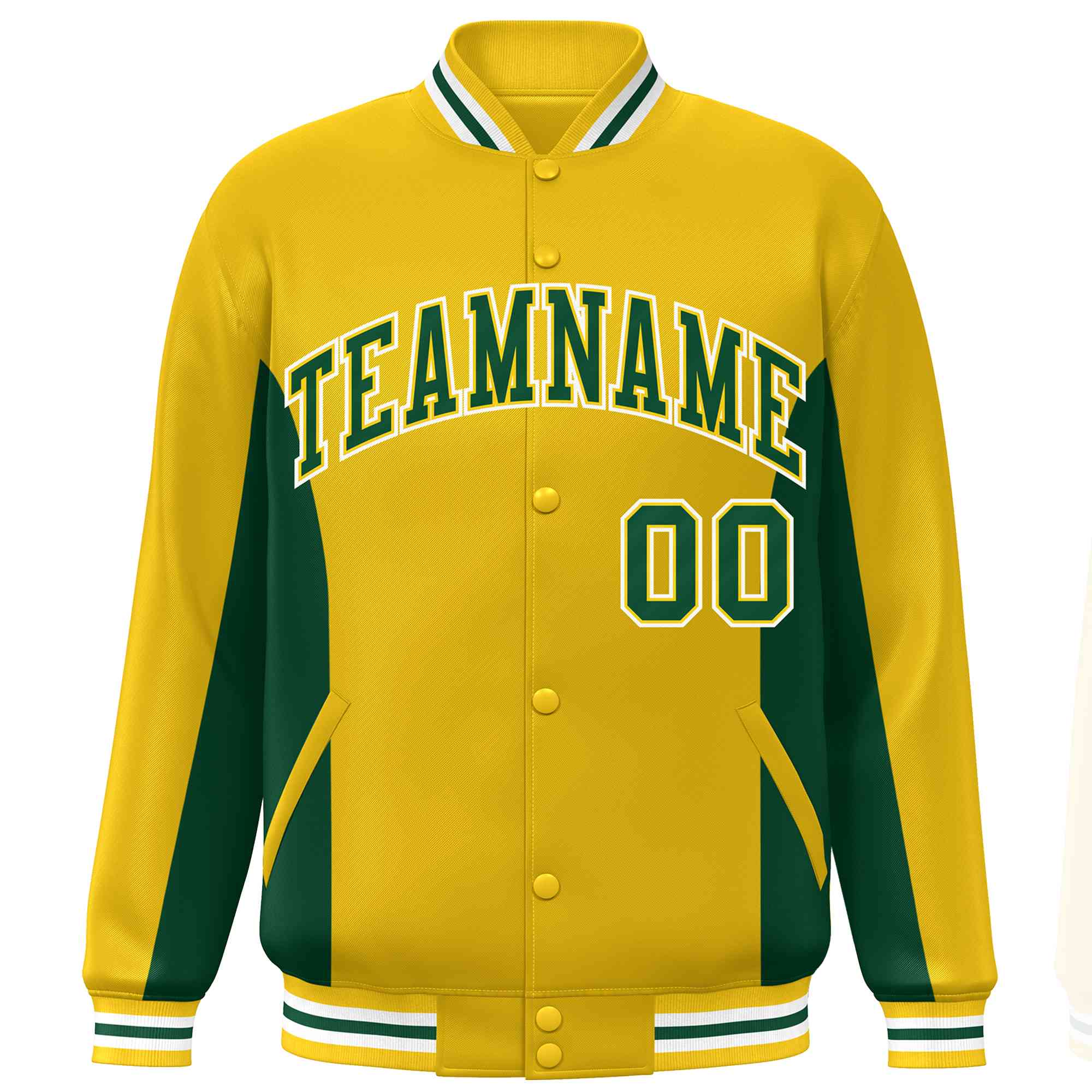 Custom Gold Green Varsity Full-Snap Color Block Letterman Baseball Jacket