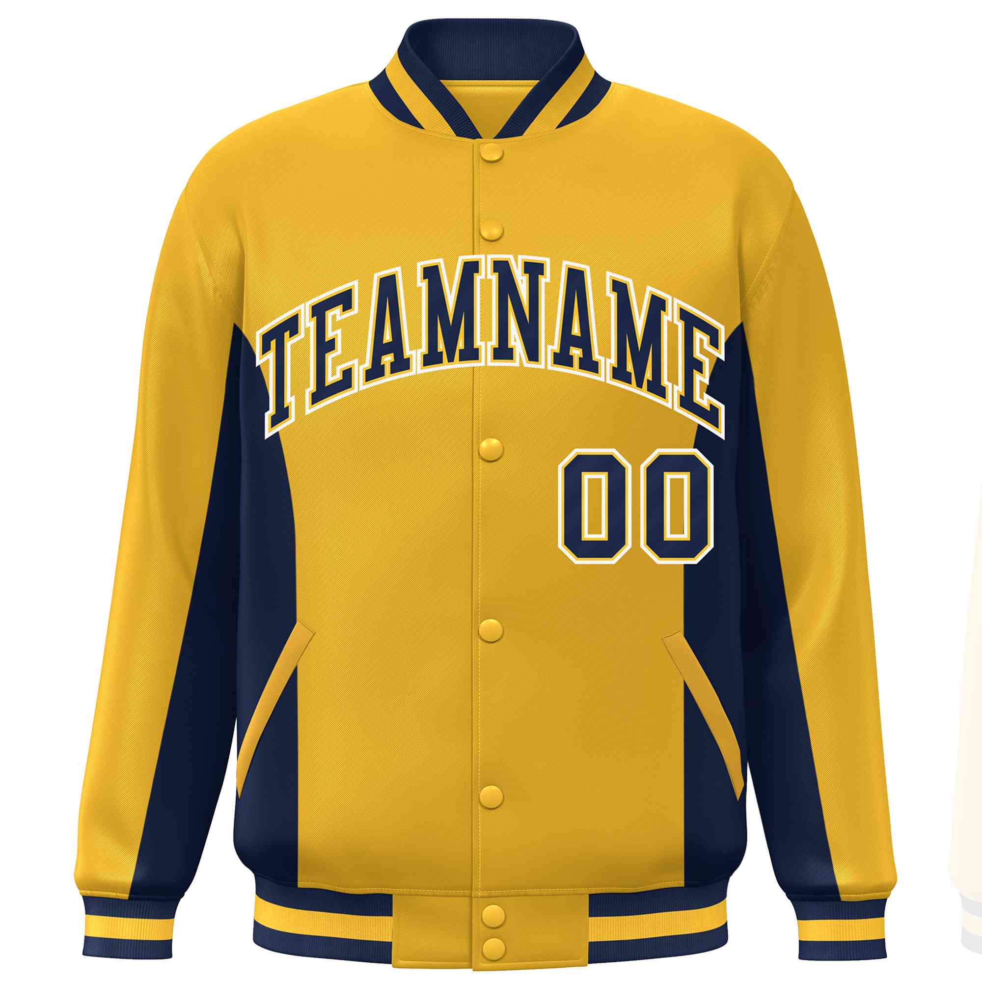 Custom Gold Navy Varsity Full-Snap Color Block Letterman Baseball Jacket