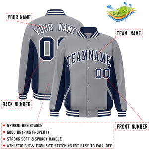 Custom Gray Navy Varsity Full-Snap Color Block Letterman Baseball Jacket