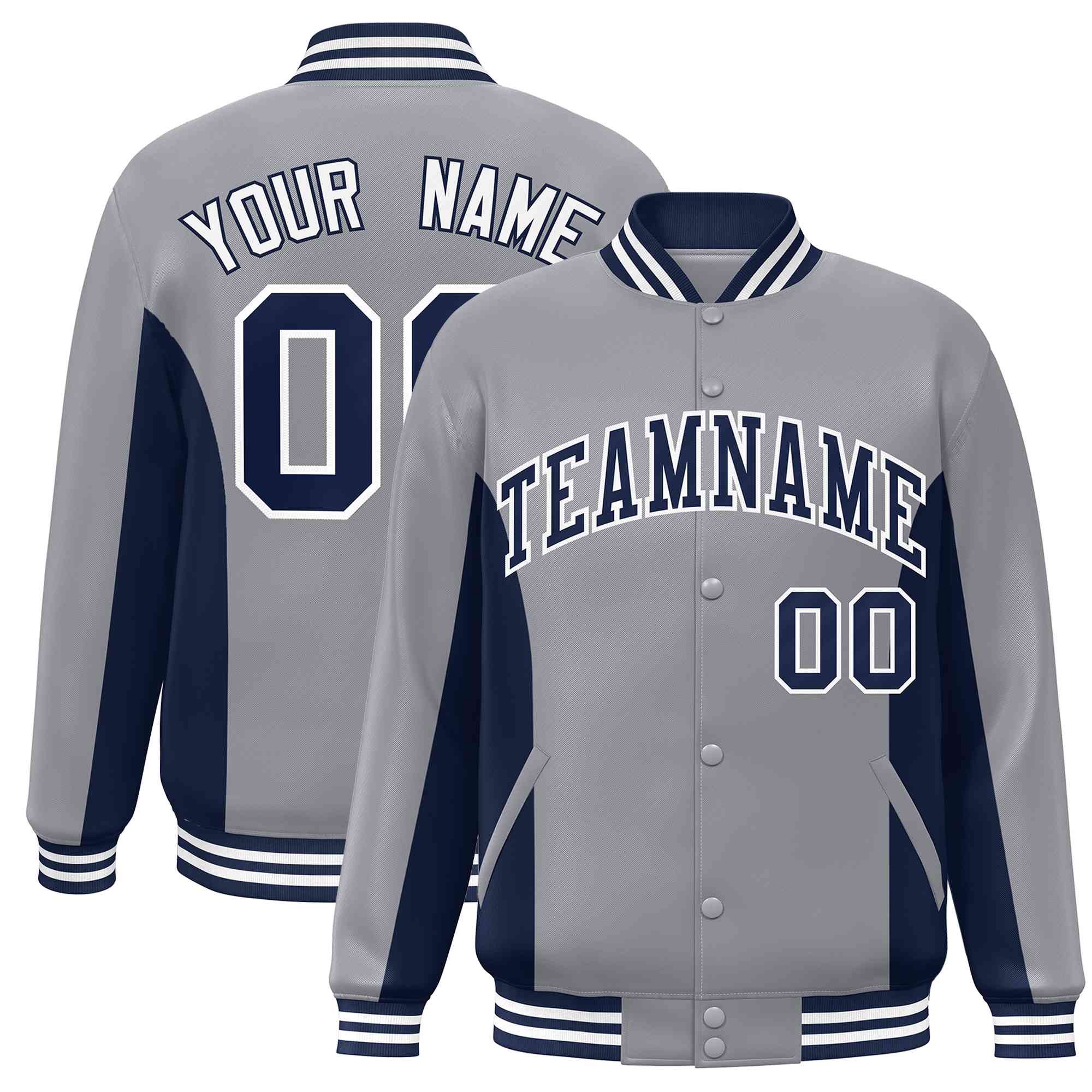 Custom Gray Navy Varsity Full-Snap Color Block Letterman Baseball Jacket