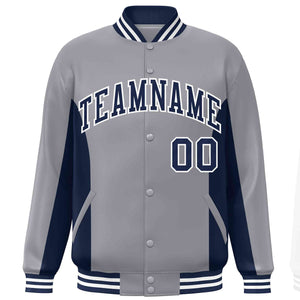 Custom Gray Navy Varsity Full-Snap Color Block Letterman Baseball Jacket