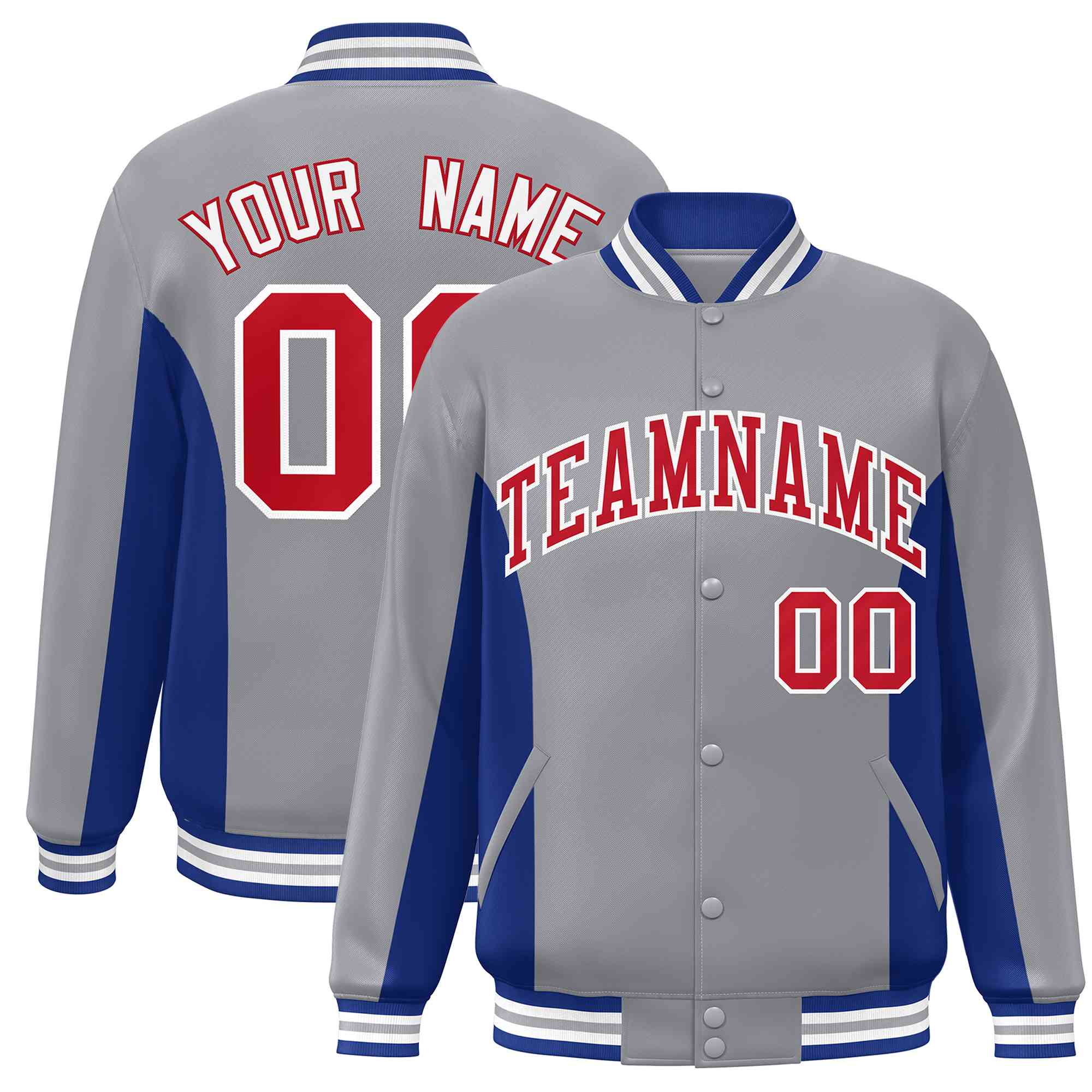 Custom Gray Royal-Red Varsity Full-Snap Color Block Letterman Baseball Jacket