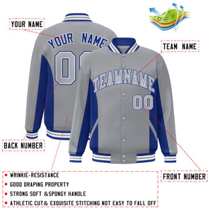 Custom Gray Royal Varsity Full-Snap Color Block Letterman Baseball Jacket