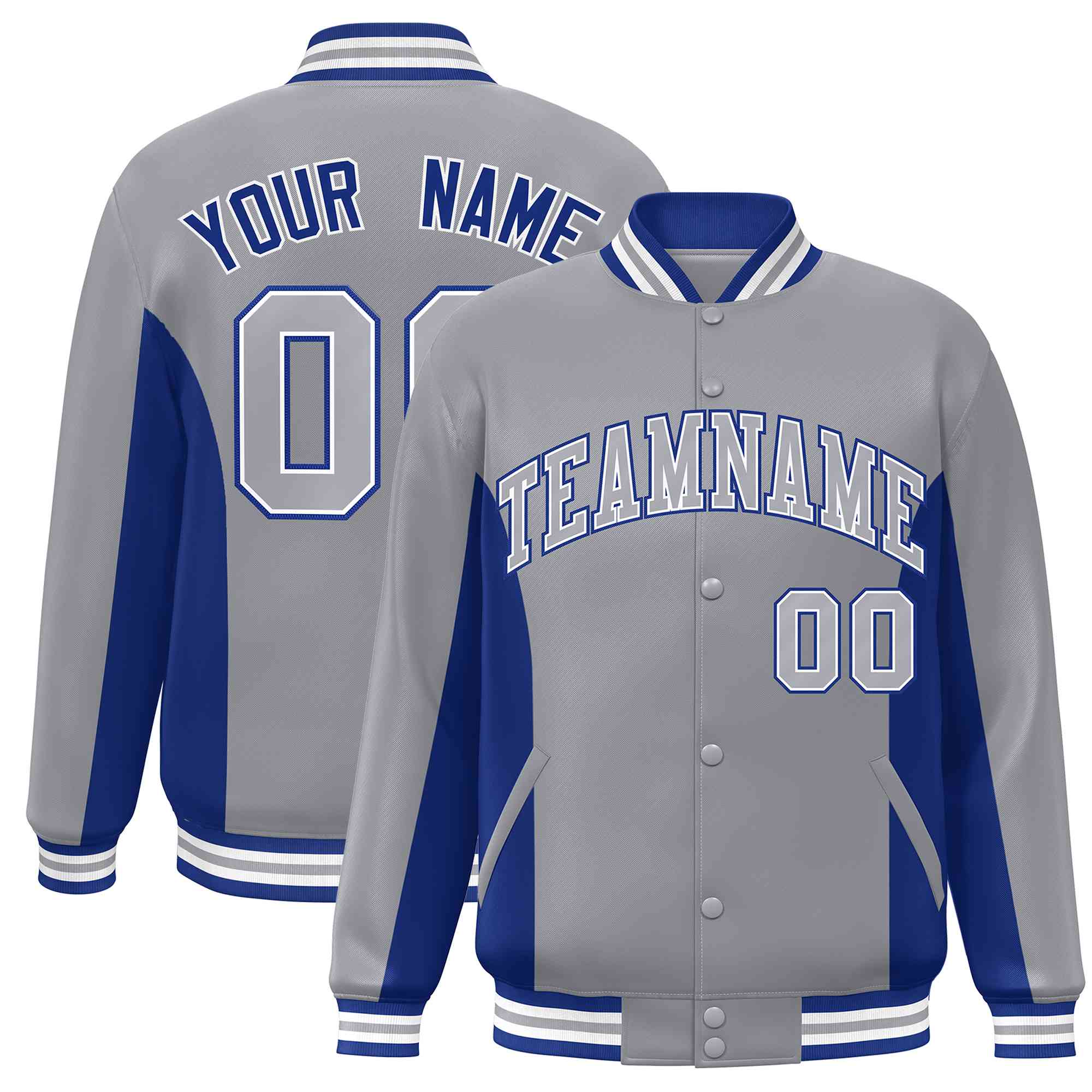 Custom Gray Royal Varsity Full-Snap Color Block Letterman Baseball Jacket