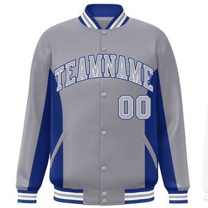 Custom Gray Royal Varsity Full-Snap Color Block Letterman Baseball Jacket