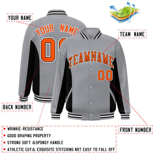 Custom Gray Black-Orange Varsity Full-Snap Color Block Letterman Baseball Jacket