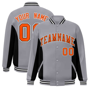 Custom Gray Black-Orange Varsity Full-Snap Color Block Letterman Baseball Jacket