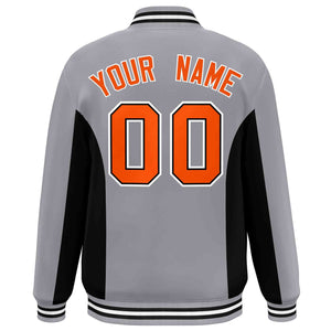 Custom Gray Black-Orange Varsity Full-Snap Color Block Letterman Baseball Jacket