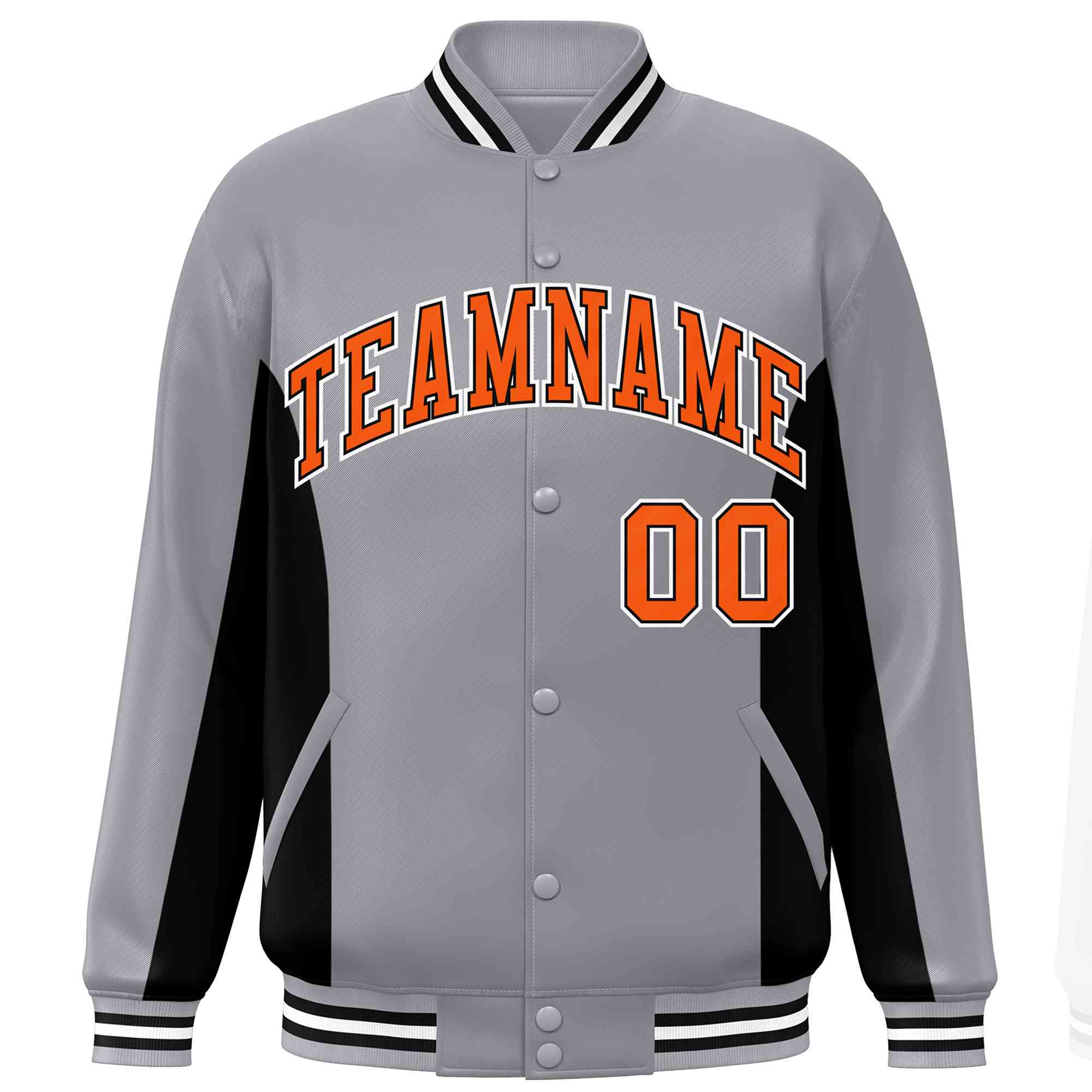 Custom Gray Black-Orange Varsity Full-Snap Color Block Letterman Baseball Jacket