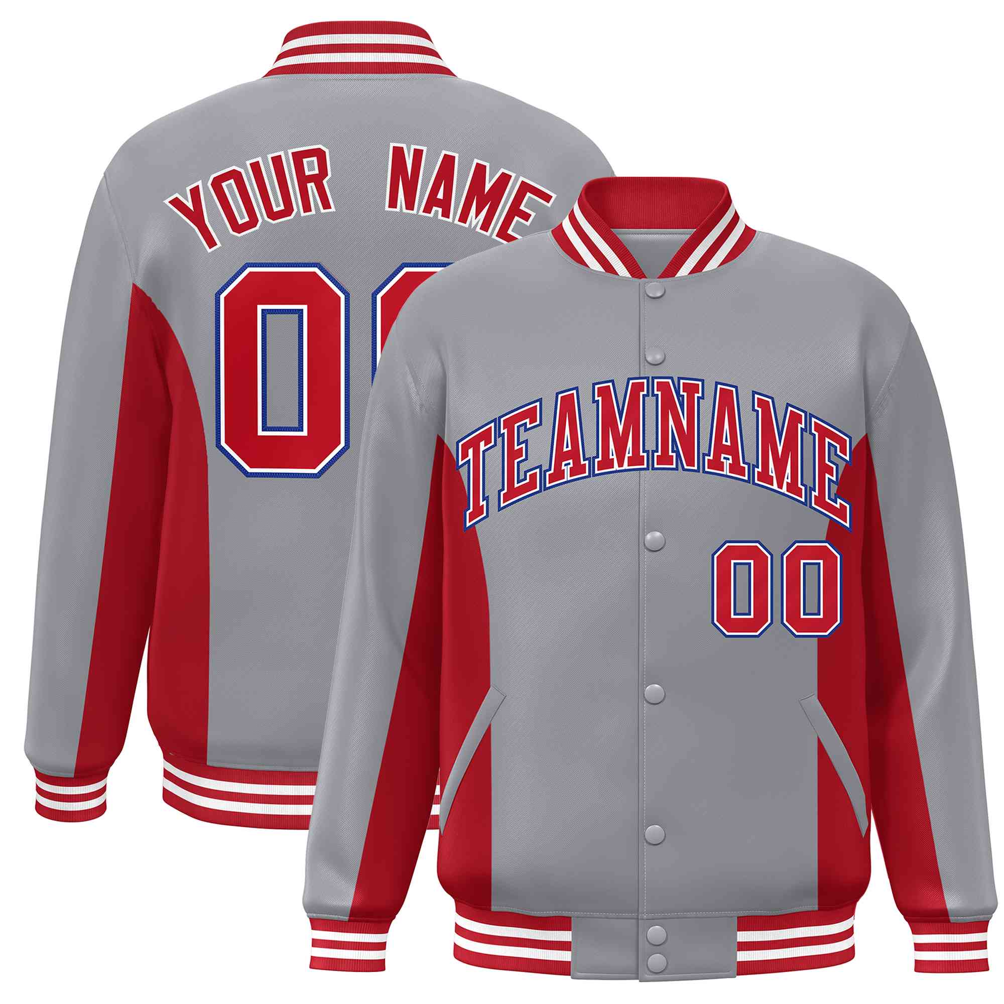 Custom Gray Red Varsity Full-Snap Color Block Letterman Baseball Jacket