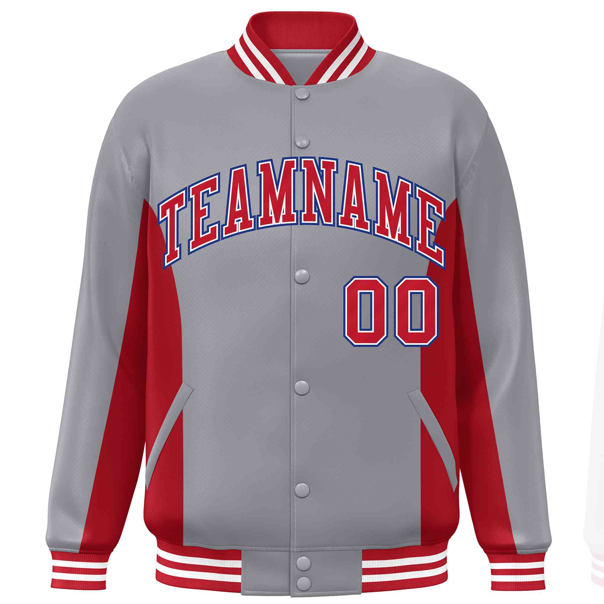 Custom Gray Red Varsity Full-Snap Color Block Letterman Baseball Jacket